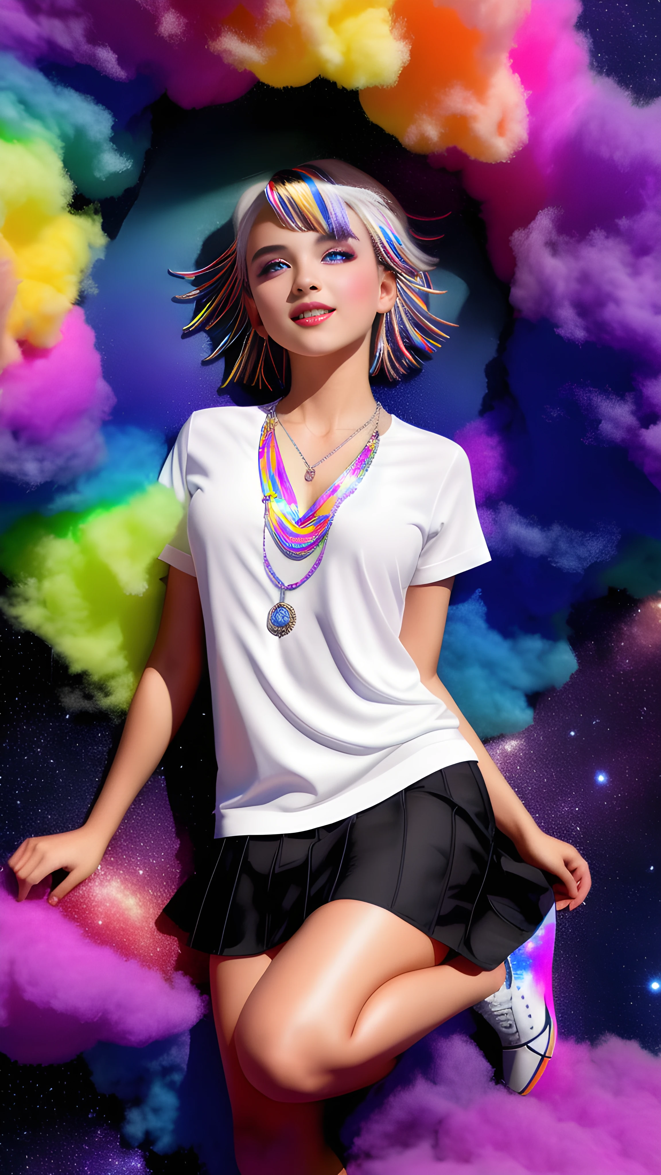 (masterpiece)0.7, best quality, illustration, 1girl, white hair, short skirt, shirt, shoes, heartbroken necklace, barrette, black hole in the background, stars, space, lying down, best quality, high resolution, extremely detailed, detailed background, perfect lighting, (colorful, vivid color)1.4, 1girl, rainbow hair, cotton candy cloud, sky, smile, dynamic pose, beautiful pose
