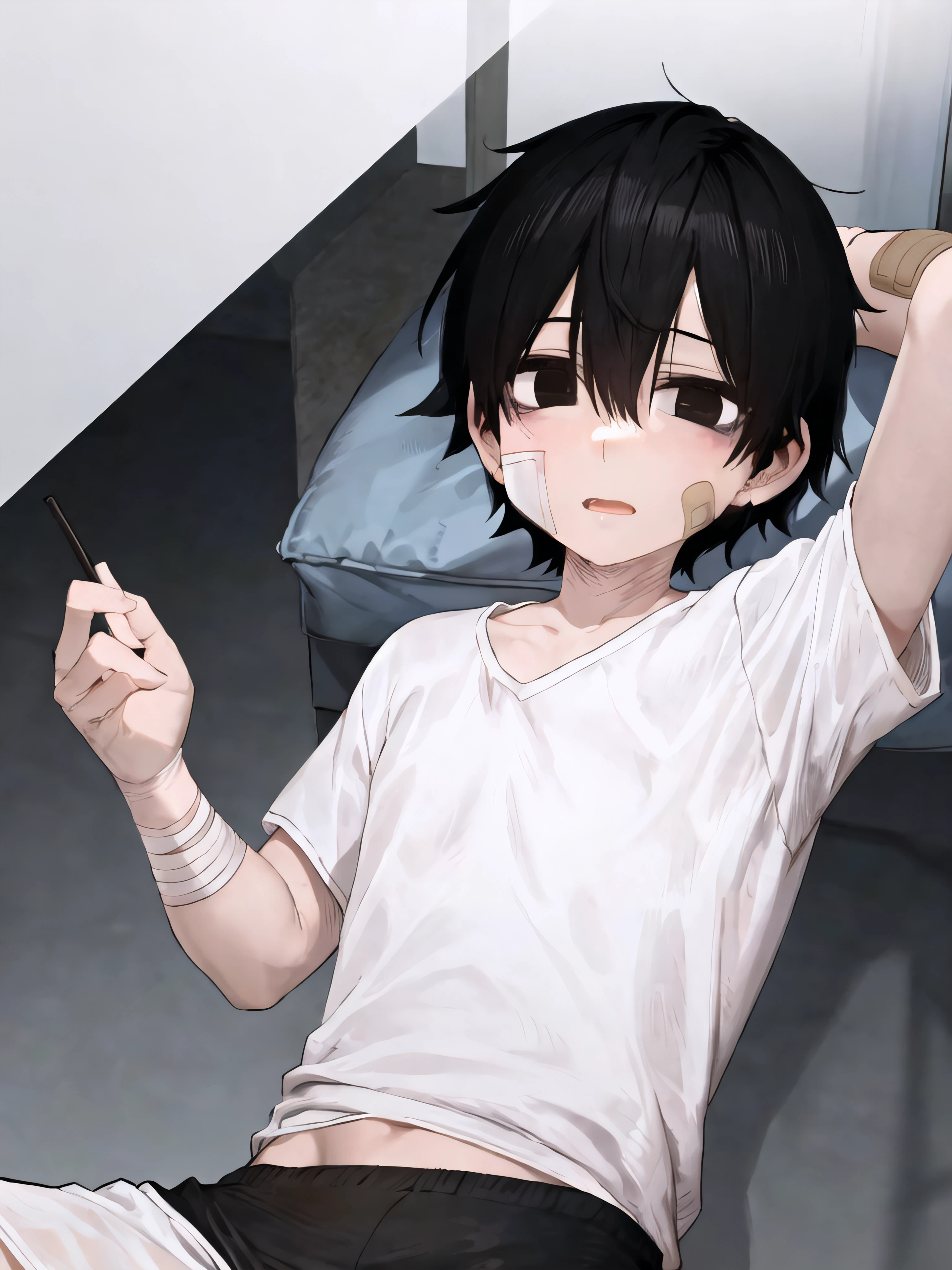 masterpiece, best quality, anatomically correct, 1boy, black eyes, black hair, hair between eyes, short hair, bandaid on face, white shirt, black shorts, upper body, solo, leehoon <lora:Hooni:1>