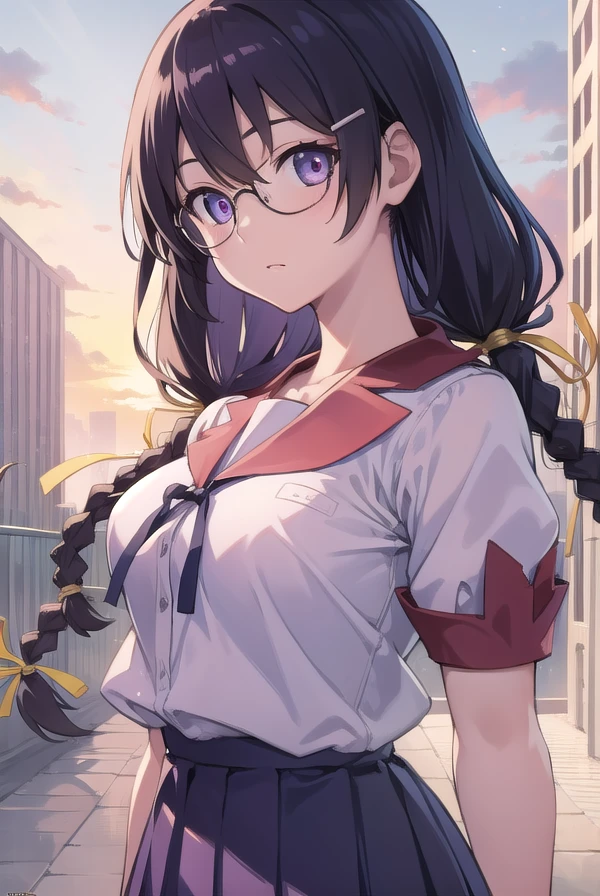 hanekawatsubasa, <lora:tsubasahanekawatest:1>, hanekawa tsubasa, long hair, black hair, hair ornament, (purple eyes:1.1), braid, hairclip, twin braids, naoetsu high school uniform, glasses,
BREAK skirt, school uniform, naoetsu high school uniform,
BREAK outdoors, city,
BREAK looking at viewer, BREAK <lora:GoodHands-vanilla:1>, (masterpiece:1.2), best quality, high resolution, unity 8k wallpaper, (illustration:0.8), (beautiful detailed eyes:1.6), extremely detailed face, perfect lighting, extremely detailed CG, (perfect hands, perfect anatomy),