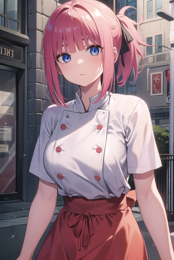 ninonakano, <lora:ninonakanotest:1>, nino nakano, short hair, bangs, blue eyes, pink hair, blunt bangs, ponytail,
BREAK white shirt, apron, red skirt, chef, red apron,,
BREAK outdoors, city,
BREAK looking at viewer, BREAK <lora:GoodHands-vanilla:1>, (masterpiece:1.2), best quality, high resolution, unity 8k wallpaper, (illustration:0.8), (beautiful detailed eyes:1.6), extremely detailed face, perfect lighting, extremely detailed CG, (perfect hands, perfect anatomy),