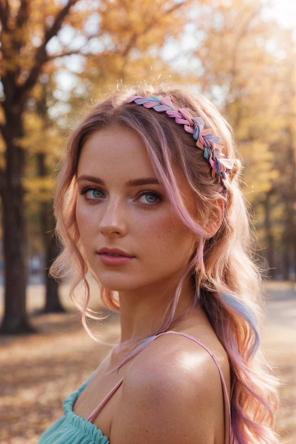 photo of a beautiful woman looking into camera, shoulder, hair ribbons, half body portrait, pastel colors, autumn lights