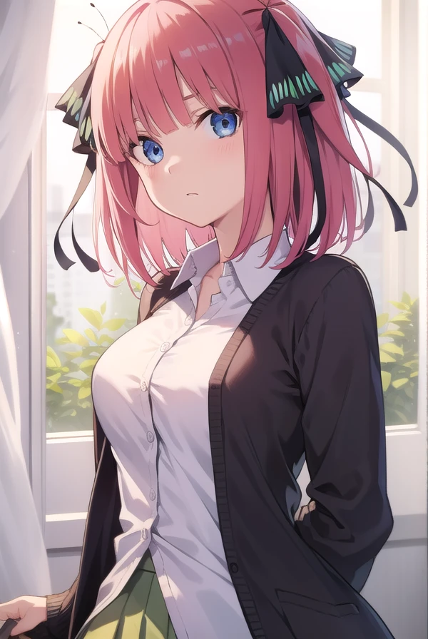 ninonakano, <lora:ninonakanotest:1>, nino nakano, short hair, bangs, blue eyes, hair ornament, hair ribbon, pink hair, blunt bangs, two side up, butterfly hair ornament,
BREAK skirt, shirt, long sleeves, white shirt, pleated skirt, open clothes, collared shirt, sleeves past wrists, dress shirt, cardigan, green skirt, open cardigan, black cardigan,,
BREAK indoors, classroom, school,
BREAK looking at viewer, BREAK <lora:GoodHands-vanilla:1>, (masterpiece:1.2), best quality, high resolution, unity 8k wallpaper, (illustration:0.8), (beautiful detailed eyes:1.6), extremely detailed face, perfect lighting, extremely detailed CG, (perfect hands, perfect anatomy),