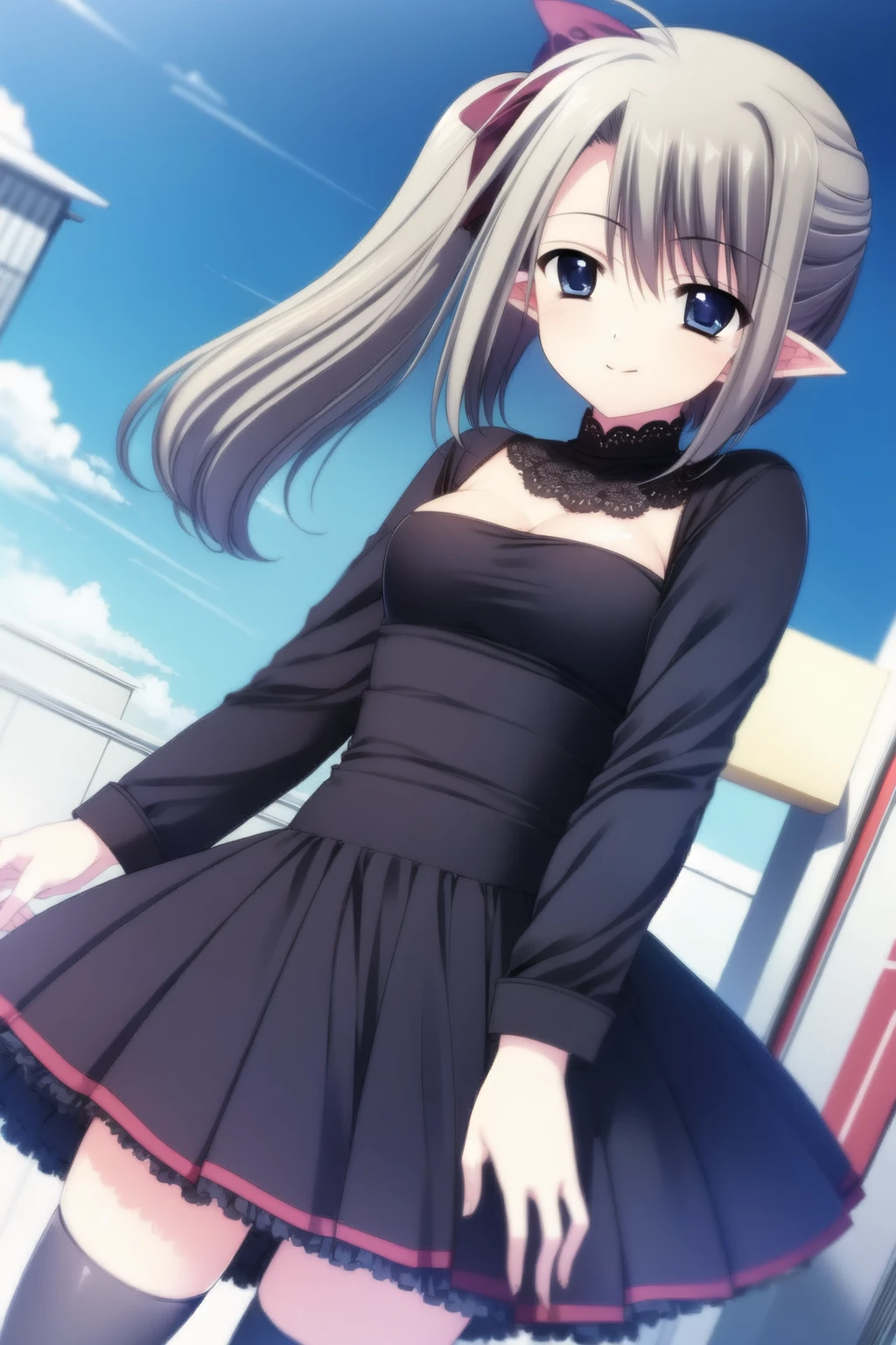 ((masterpiece, high quality, best quality)),
1girl, white thighhighs, pointy ears, dutch angle, zettai ryouiki, blue eyes, black dress, side ponytail, ribbon, long sleeves, light smile, grey hair, frills,
<lora:nishimata-style_v2.0:1.0>