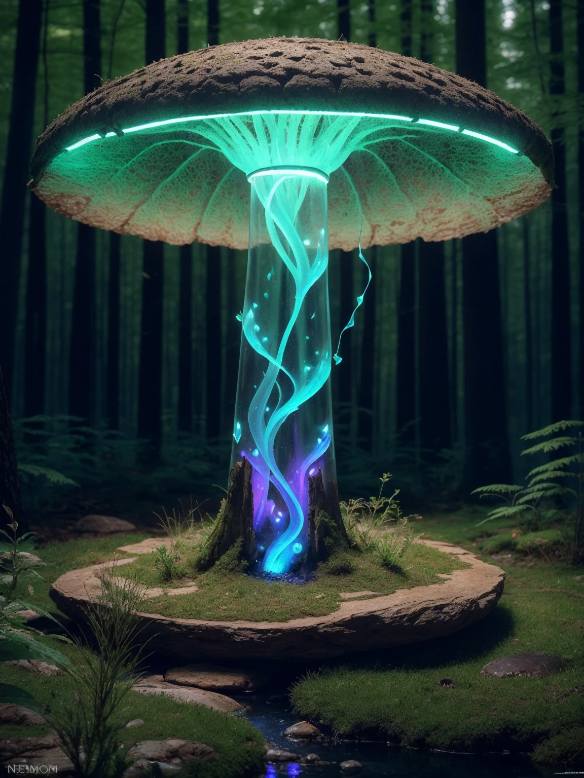 A sharp focus photo of a giant detailed bioluminescence mushroom, up close, (extremely detailed:1.3), Fantasy, octane render, zbrush. Character design, photorealistic, unreal engine, hyper-detailed, concept art, trending on art station. ((best quality)), ((masterpiece)), ((realistic)), (detailed), dark forest, (fantasy forest background illustration:1.1), style-swampmagic, style-nebmagic <lora:Elixir:1>