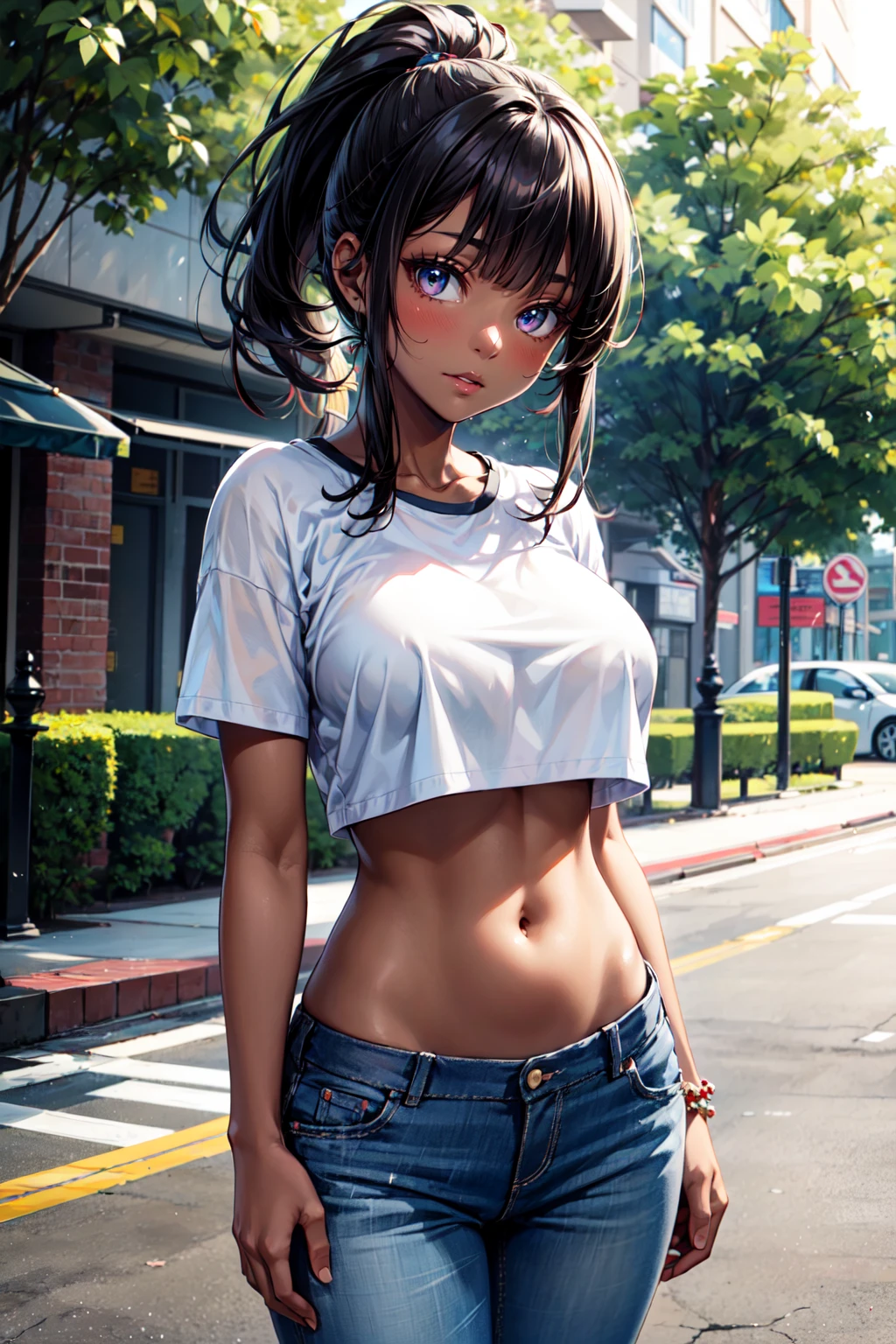 best quality, high detail, (detailed face), detailed eyes,((best quality, masterpiece)), ((1 dark skinned African girl)), white t-shirt, short sleeves, navel, stomach, jeans, crop top, large breasts, (arms at side:1.2), groin, hip bones, ponytail, blunt bangs, black hair, underboob, straight-on, standing, outdoors, looking at viewer,<lora:more_details:0.5> <lyco:GoodHands-beta2:0.8>,