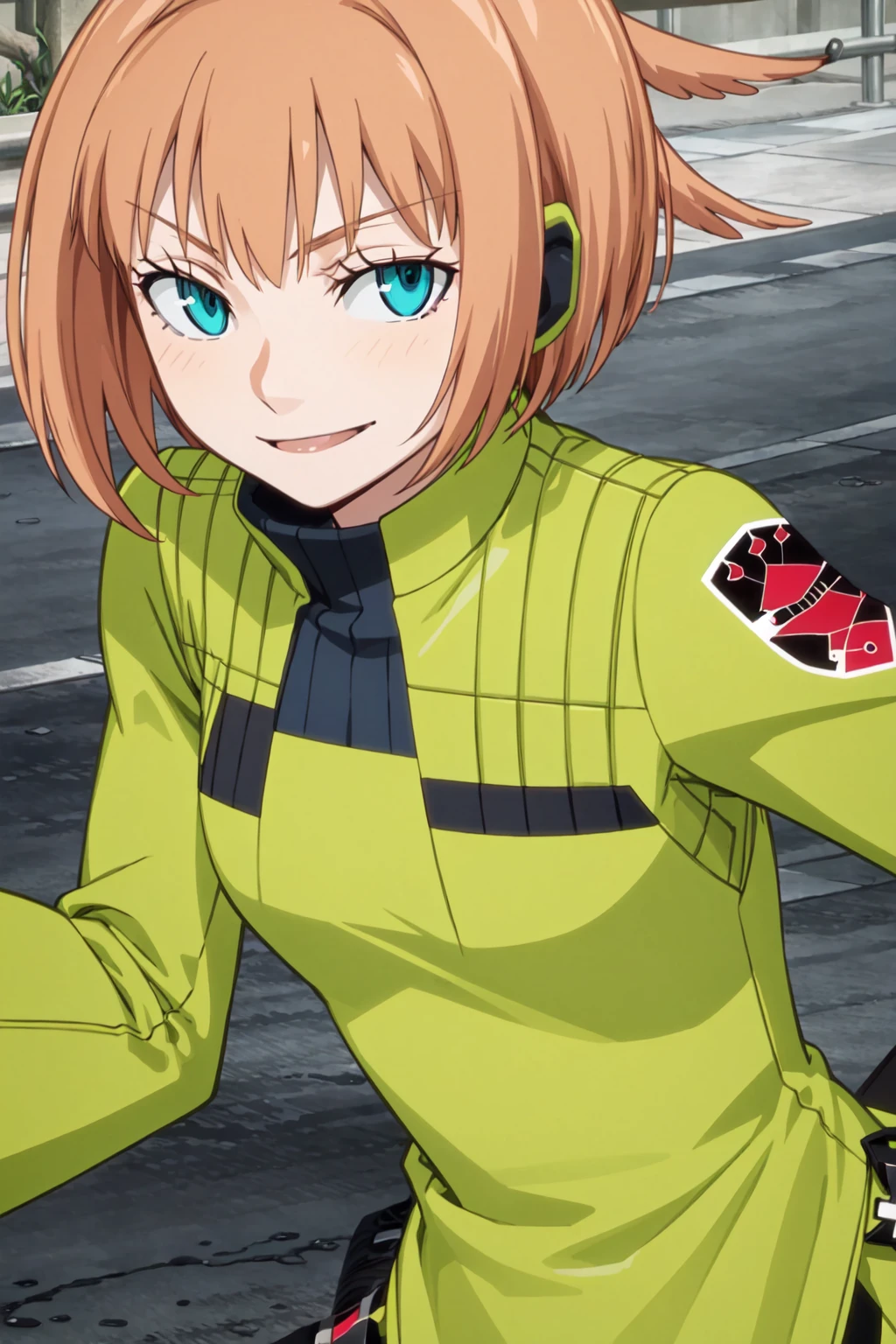 (game cg,best quality,masterpiece:1.3),1girl,<lora:KonamiTrion2:0.9>konami,green jacket, gloves, looking at viewer, upper body, smile,