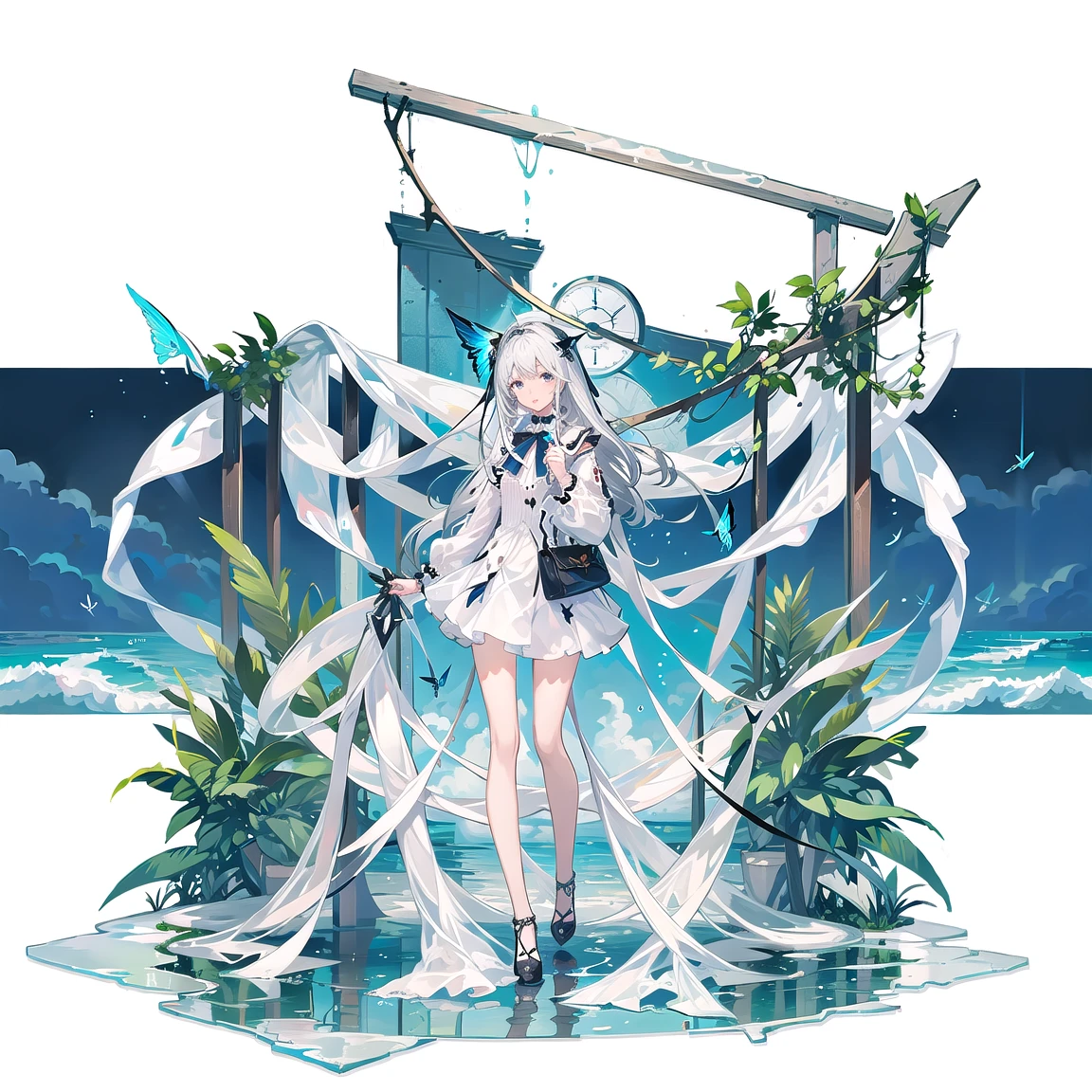 masterpiece,best quality, (white background:1.5) 1girl, mid shot, full body, ocean, sea waves, water splashes, sky, light particles, butterflies, night, starry sky, <lora:GachaGachaV1:0.6>, standing, standing on water, clear face,