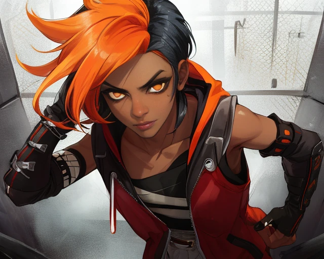 Shayne, multicolored hair, ,dark skin ,bangs, upper body, close up, orange eyes,
ShaAtt, hood down, black elbow gloves, arm bandages, pants, sneakers, belt, bar shoulders. sleeveless, zipper up, closed jacket,
cgangstas paradise, prison cell,
(insanely detailed, beautiful detailed face, masterpiece, best quality) realistic, <lora:Shayne:0.7>