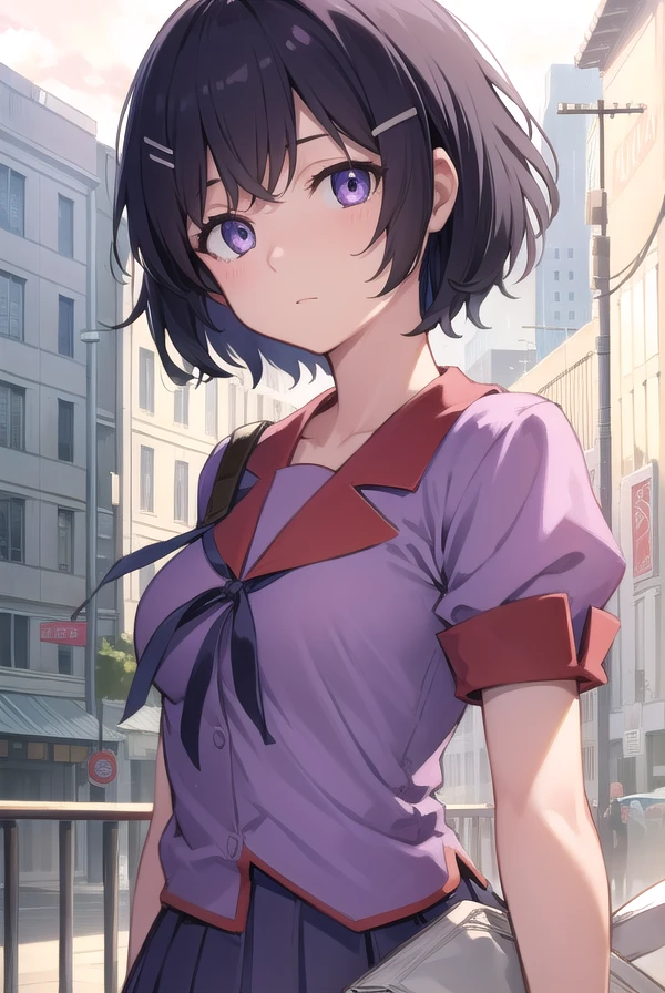 hanekawatsubasa, <lora:tsubasahanekawatest:1>, hanekawa tsubasa, short hair, black hair, hair ornament, (purple eyes:1.1), hairclip,
BREAK skirt, school uniform, naoetsu high school uniform,
BREAK outdoors, city,
BREAK looking at viewer, BREAK <lora:GoodHands-vanilla:1>, (masterpiece:1.2), best quality, high resolution, unity 8k wallpaper, (illustration:0.8), (beautiful detailed eyes:1.6), extremely detailed face, perfect lighting, extremely detailed CG, (perfect hands, perfect anatomy),