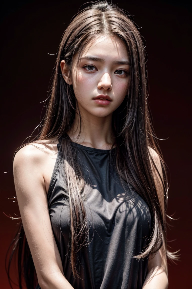 <lora:detailer:1> ,a 20 yo woman,long hair,dark theme, soothing tones, muted colors, high contrast, (natural skin texture, hyperrealism, soft light, sharp),red background,simple background