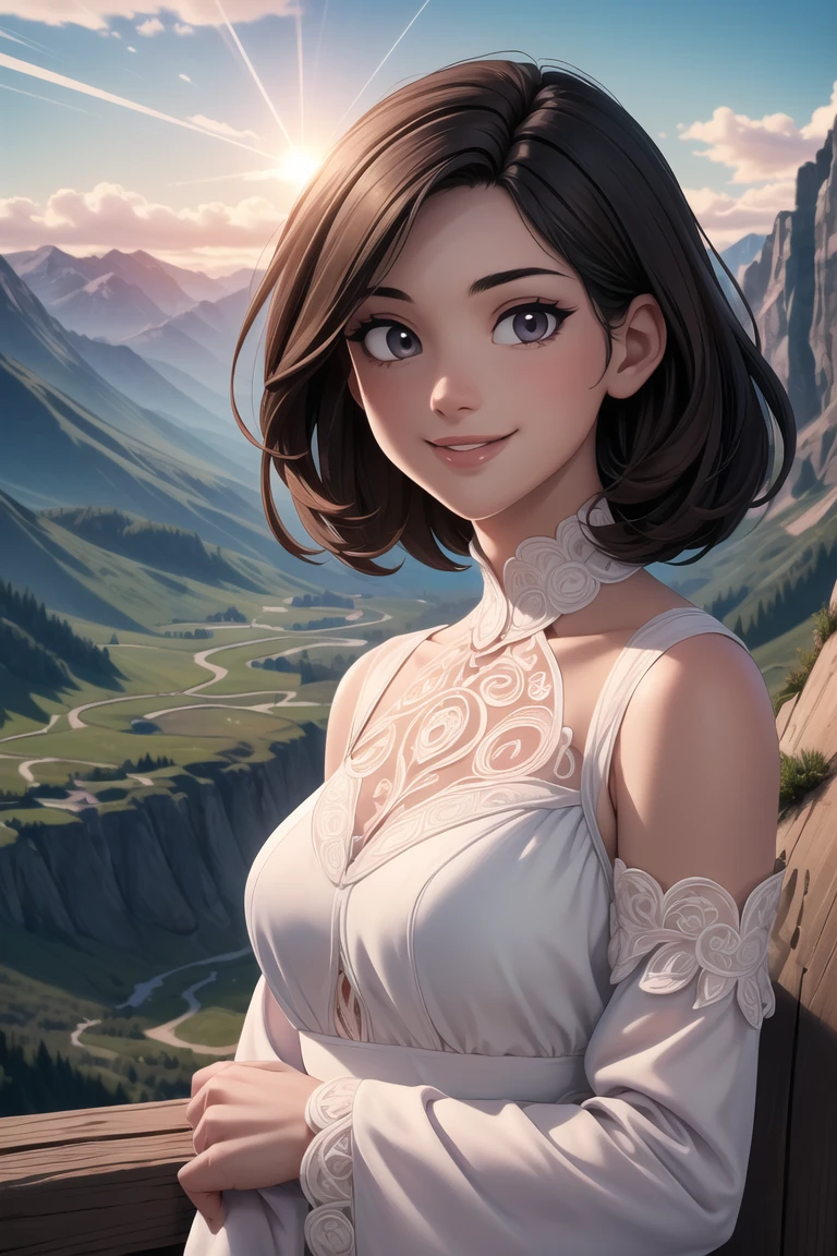 (masterpiece, best quality:1.4), (beautiful, aesthetic, perfect, delicate, intricate:1.2),(absurdres, highres, ultra detailed),best quality, masterpiece,Dark hair, dark eyes, upper body, sun flare, outdoors, mountain, valley, sky. clouds, smiling,, <lora:more_details:0.5>, <lyco:GoodHands-beta2:0.8>,
