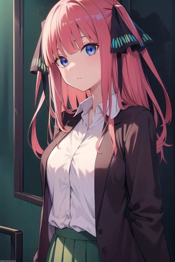 ninonakano, <lora:ninonakanotest:1>, nino nakano, long hair, bangs, blue eyes, hair ornament, hair ribbon, pink hair, blunt bangs, two side up, butterfly hair ornament,
BREAK skirt, shirt, long sleeves, white shirt, pleated skirt, open clothes, collared shirt, sleeves past wrists, dress shirt, cardigan, green skirt, open cardigan, black cardigan,,
BREAK indoors, classroom, school,
BREAK looking at viewer, BREAK <lora:GoodHands-vanilla:1>, (masterpiece:1.2), best quality, high resolution, unity 8k wallpaper, (illustration:0.8), (beautiful detailed eyes:1.6), extremely detailed face, perfect lighting, extremely detailed CG, (perfect hands, perfect anatomy),