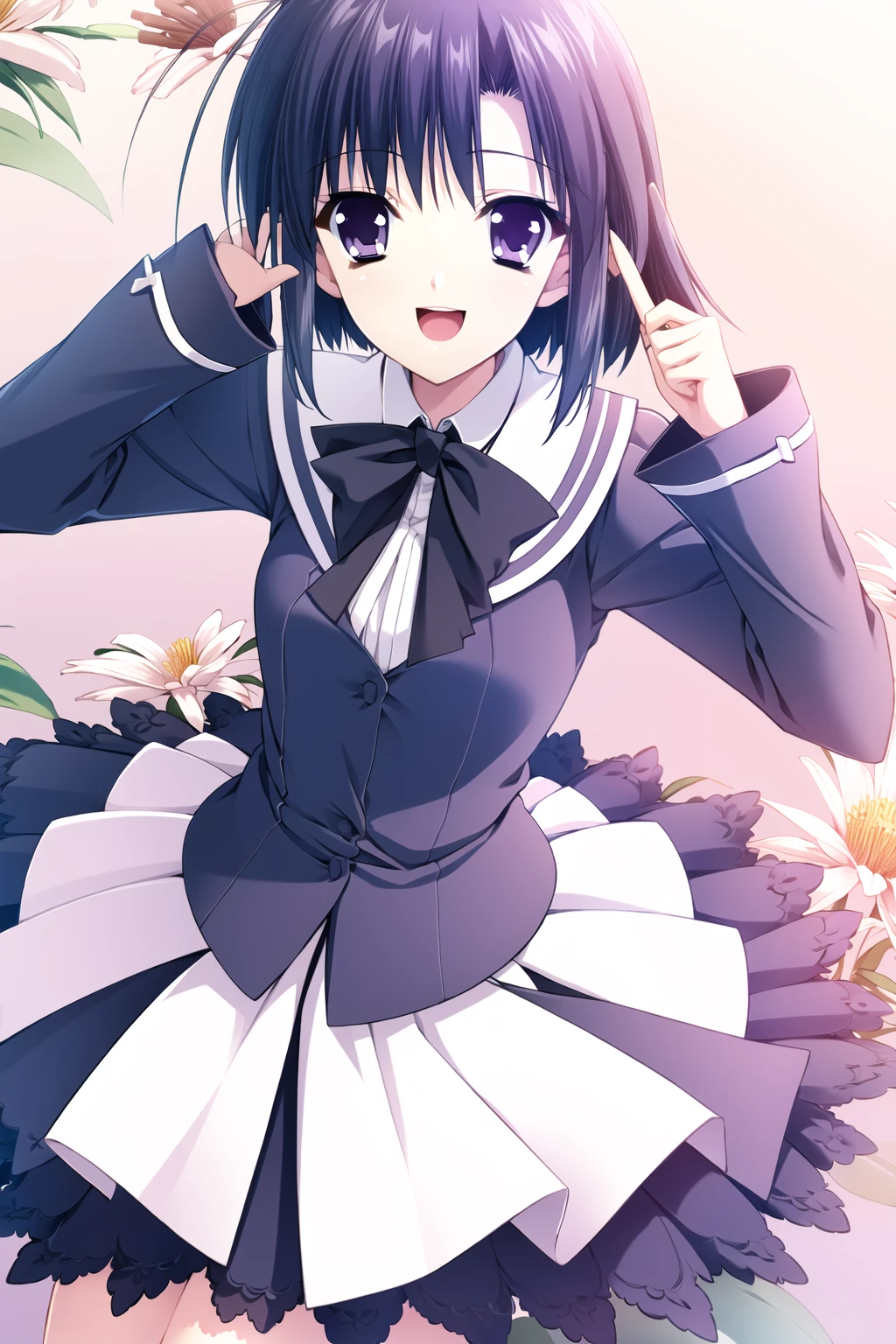 ((masterpiece, high quality, best quality)),
1girl, purple eyes, flower background, short hair, white dress, school uniform, open mouth, antenna hair, smile, :d, black hair, bow, long sleeves, looking at viewer, skirt,
<lora:suzuhira-style_v2.0:1.0>