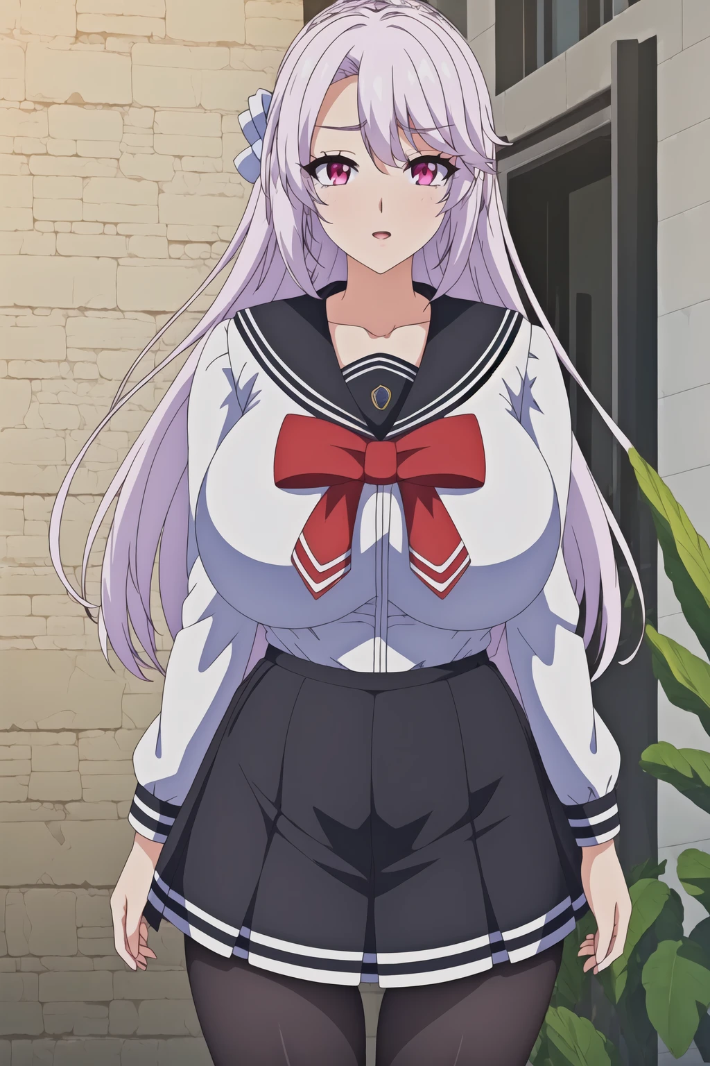 (Night:1.7), in front of a brick wall with a plant,
Standing at attention,
sailor collar, school uniform, serafuku,collarbone,
Black pantyhose,pleated skirt, red_bowtie,
<lora:Nagisa_Watase_Family-KK77-V1:0.7>,
long hair,pink eyes,silver hair,
1 girl, 18yo,Young female,Beautiful Finger,Beautiful long legs,Beautiful body,Beautiful Nose,Beautiful character design, perfect eyes, perfect face,
looking at viewer, in the center of the image,(Upper_body),(Focus on her face),
NSFW,official art,extremely detailed CG unity 8k wallpaper, perfect lighting,Colorful, Bright_Front_face_Lighting,
(masterpiece:1.0),(best_quality:1.0), ultra high res,4K,ultra-detailed,
photography, 8K, HDR, highres, absurdres:1.2, Kodak portra 400, film grain, blurry background, bokeh:1.2, lens flare, (vibrant_color:1.2)
(Beautiful,large_Breasts:1.4), (beautiful_face:1.5),(narrow_waist),