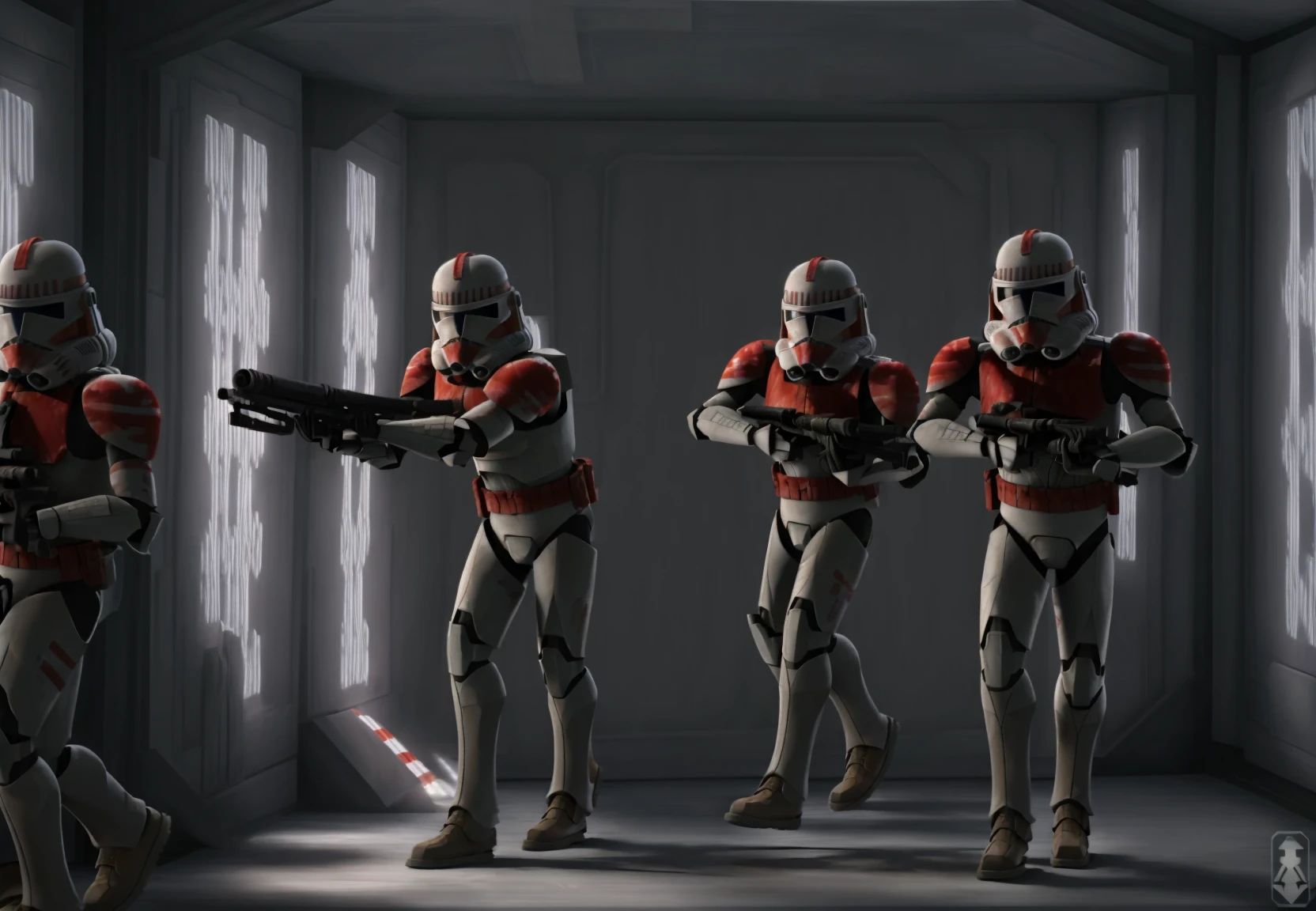 (multiple clone troopers, shock trooper,
(military drill:1.4),
detailed armor and helmet, holding guns, aming, inside a star ship, star wars, interacting with each other,:1.3)
(full shot:1.3), (long shot:1.2), (wide shot:1.3), (photo essay:1.4), X1.5, (Extreme Wide Shot:1.4),
((best quality)), ((masterpiece)), (detailed), stunning gradient colors, no watermark signature, detailed background, insanely detailed, , ((masterpiece)), absurdres, HDR, ,, <lora:clonesV1:1>