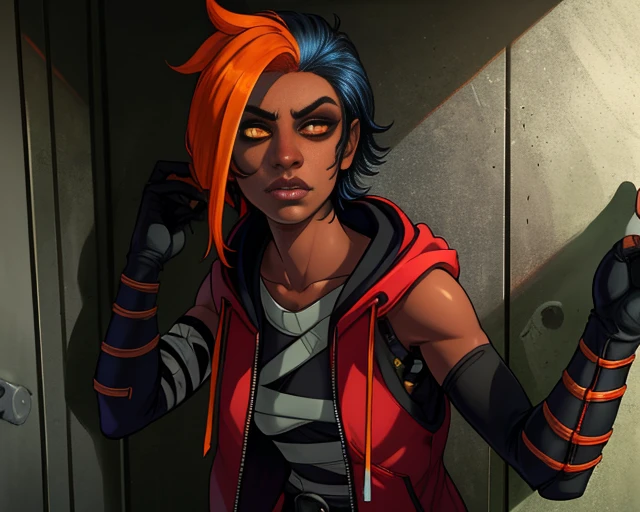 Shayne, multicolored hair, ,dark skin ,bangs, upper body, close up, orange eyes,
ShaAtt, hood down, black elbow gloves, arm bandages, pants, sneakers, belt, bar shoulders. sleeveless, zipper up, closed jacket,
cgangstas paradise, prison cell,
(insanely detailed, beautiful detailed face, masterpiece, best quality) realistic, <lora:Shayne:0.7>