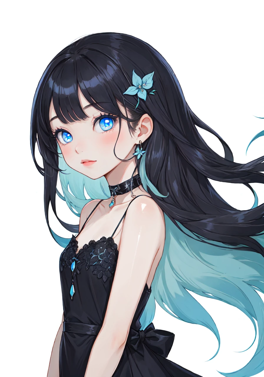 1girl, long hair, (black hair), shiny shair, shiny skin, straight hair, blue eyes, portrait, black dress, choker