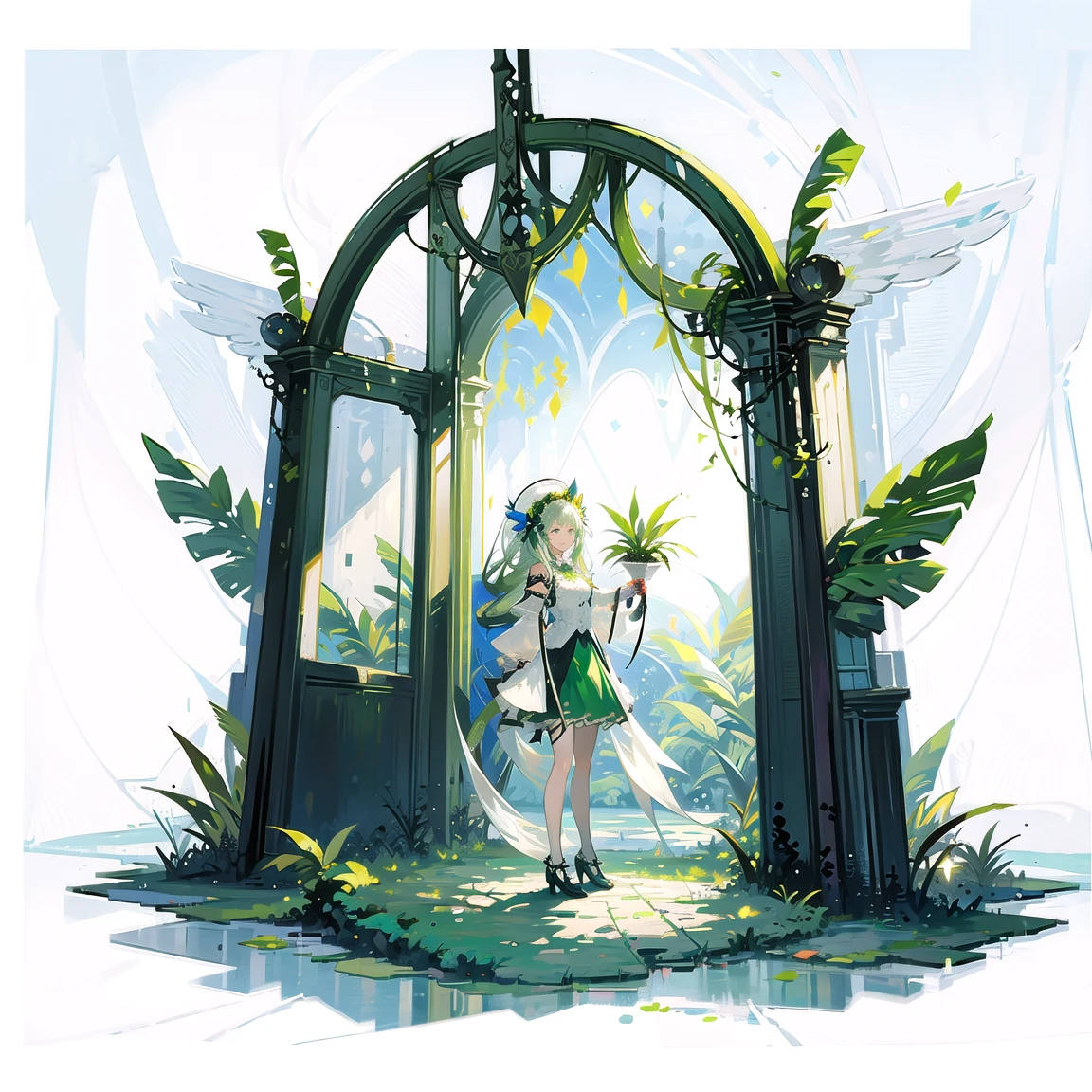 masterpiece,best quality, (white background:1.5) 1girl, far shot, full body, green circle, fairy, fantasy, magic, green leafs, dome,<lora:GachaGachaV1:0.6>, standing, clear face,