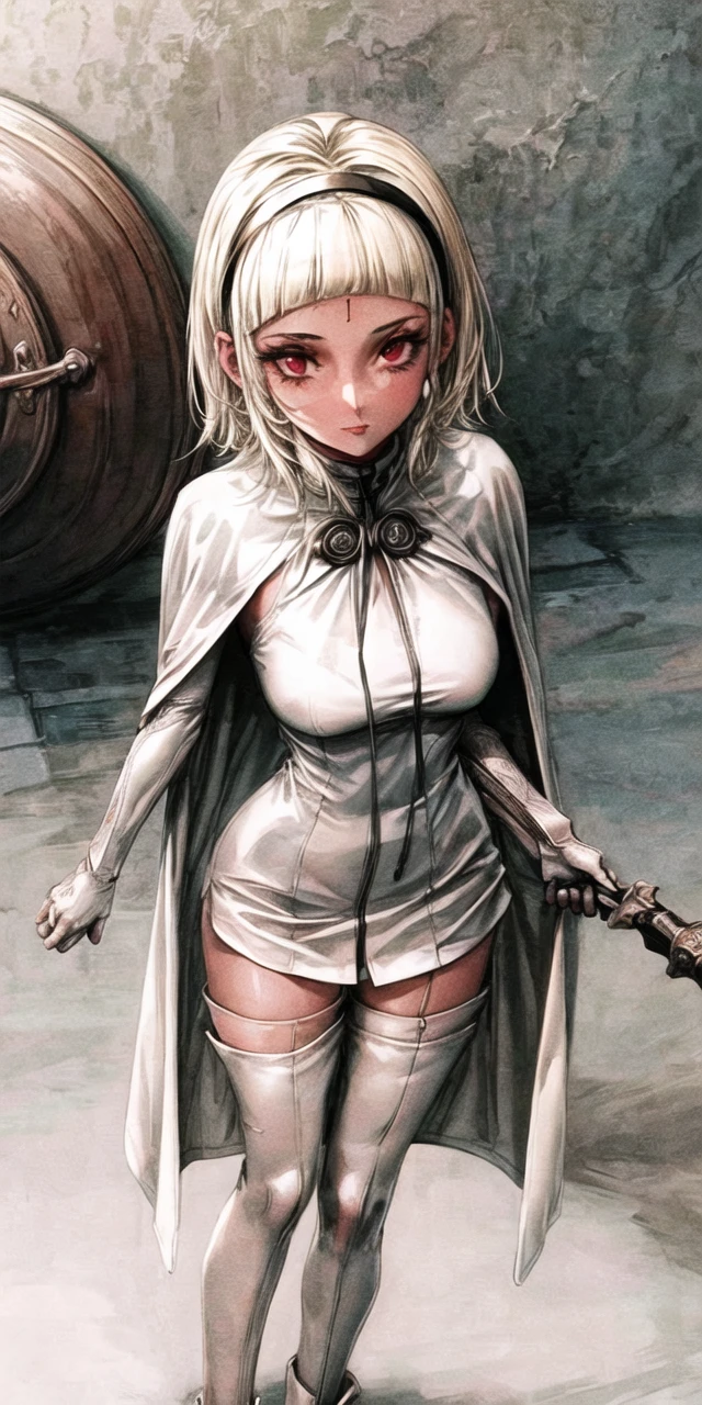 overdetalized, high resolution, 1990s\(style\), retro art, cowboy shot, 1 girl, from above,looking at the viewer, solo, confused, white boots, white thighhighs, black pantyhose, short dress, capelet, fur trim, gauntlets, black hairband, background,castle, <lora:OneV1.0:0.9>, crimson eye color, blonde hair, <lora:add_detail:1.8>