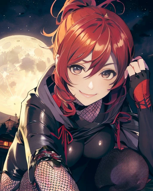 Mitsuki, red hair, ponytail, bangs, brown eyes,  squatting, smiling,   solo, upper body,  close up, 
MitNin, tight black bodysuit, fingerless gloves, hood down, fishnets, fishnets, kunai strap,
Japanese building,  nighttime, moon, Sengoku period,
(insanely detailed, beautiful detailed face, masterpiece, best quality) <lora:Mitsuki-05:0.7>