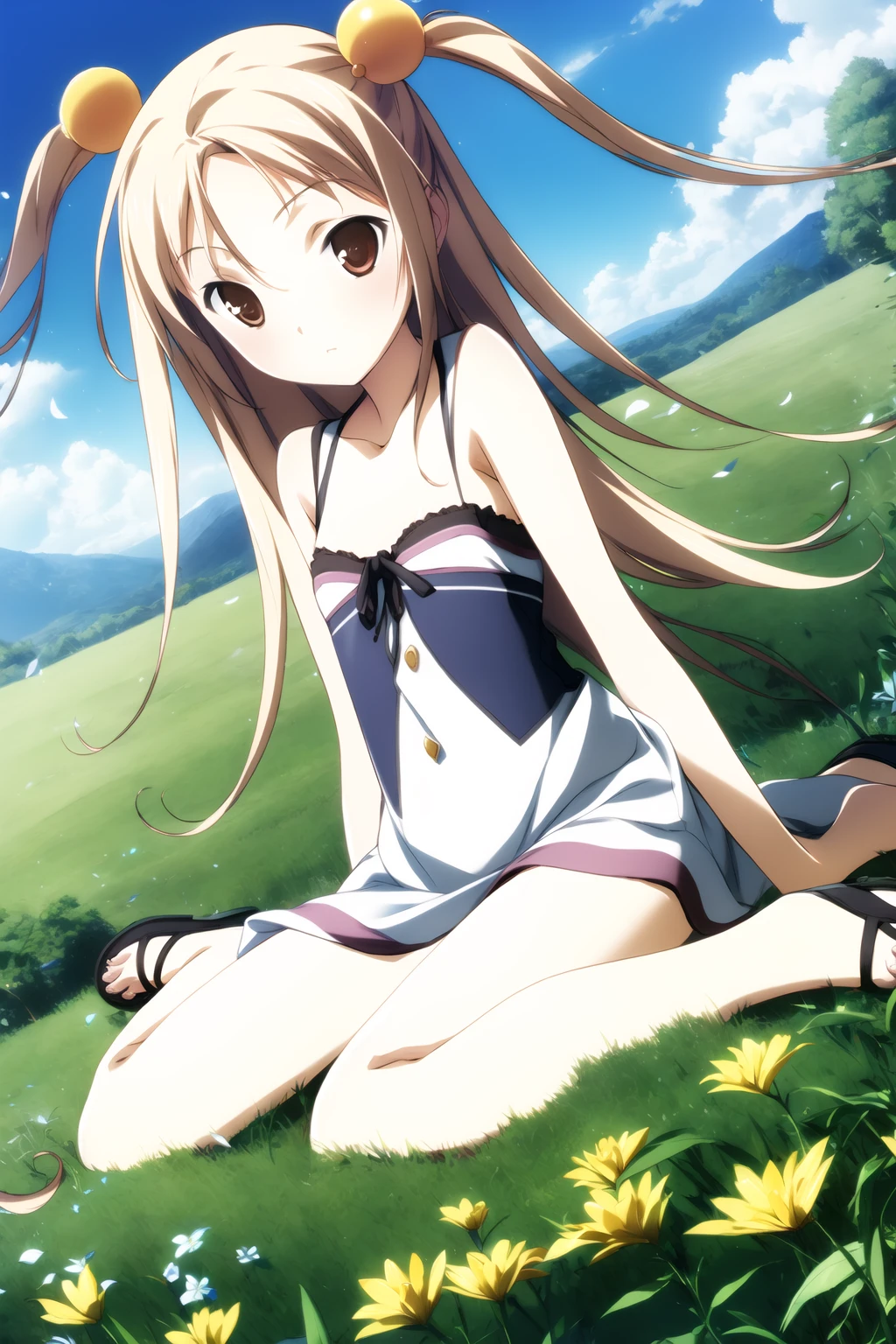 ((masterpiece, high quality, best quality)),
1girl, long hair, dutch angle, flower field, sitting, sky, cloud, outdoors, hair ornament, petals, wariza, white dress, brown eyes, twintails, day, blonde hair, hair bobbles, sandals, blush,
<lora:kikuchi-style_v1.0:1.0>