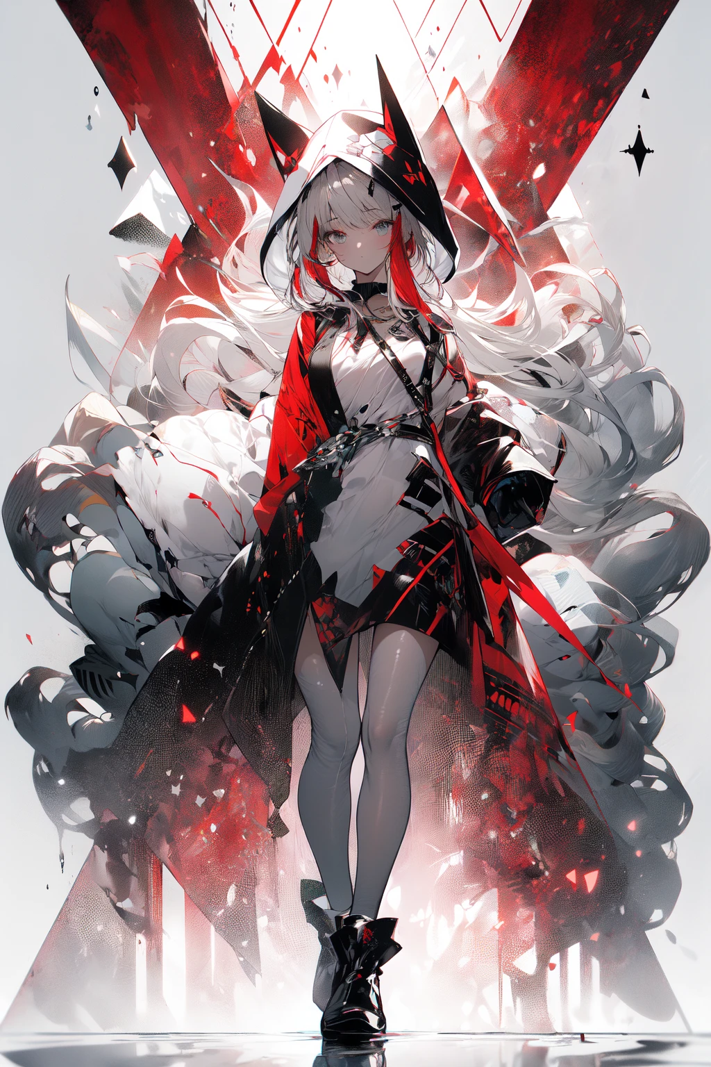 , (masterpiece:1.2), best quality,midjourney,
1girl, solo, long hair, very long hair, looking at viewer, grey hair, multicolored hair, white background, bangs, gloves, dress, black gloves, holding, streaked hair, reflection, long sleeves, wide sleeves, white footwear, hood, white hair, closed mouth, red hair
 <lora:midjourney_20230624181825-000016:0.9>