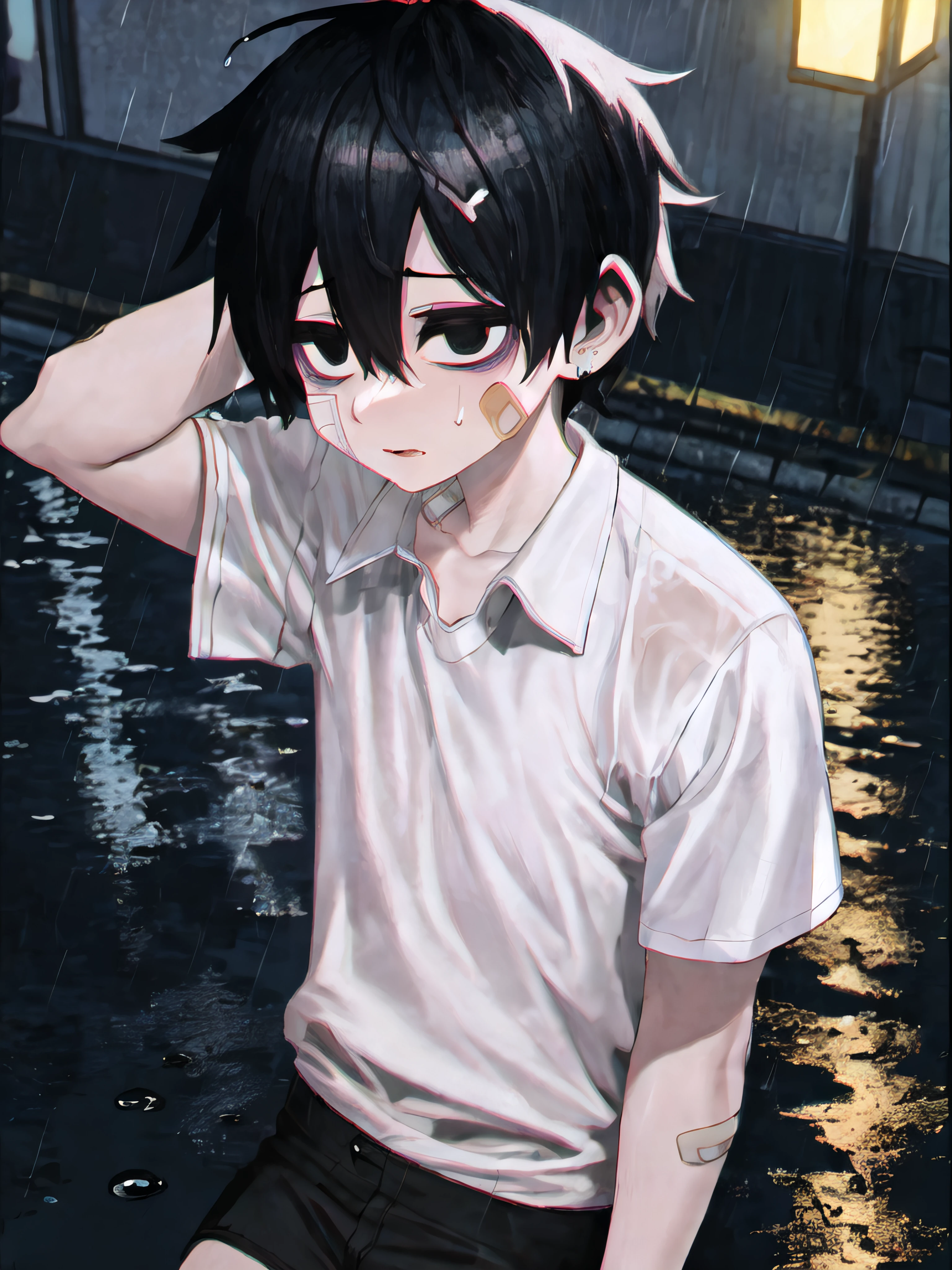 masterpiece, best quality, anatomically correct, 1boy, black eyes, black hair, hair between eyes, short hair, bandaid on face, white shirt, black shorts, night, street, neon, rain water drop, puddle, solo, male focus, close-up, leehoon <lora:Hooni:1> <lora:HiluDark:1>