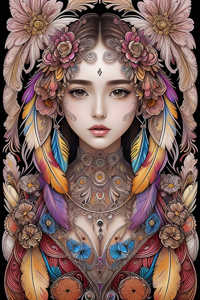 (masterpiece, top quality, best quality, official art, beautiful and aesthetic:1.2), (1girl:1.3), extremely detailed,(fractal art:1.1),(colorful:1.1)(flowers:1.3),highest detailed,(zentangle:1.2), (dynamic pose), (abstract background:1.3), (shiny skin), (many colors:1.4), (feathers:1.5),