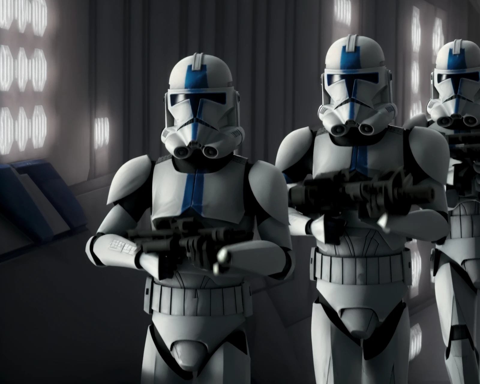 (multiple clone troopers, shiny,
(guarding:1.4),
detailed armor and helmet, holding guns, aming, inside a star ship, star wars, interacting with each other,:1.3)
(full shot:1.3), (long shot:1.2), (wide shot:1.3), (photo essay:1.4), X1.5, (Extreme Wide Shot:1.4),
((best quality)), ((masterpiece)), (detailed), stunning gradient colors, no watermark signature, detailed background, insanely detailed, , ((masterpiece)), absurdres, HDR, ,, <lora:clonesV1:1>
