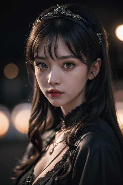 1girl, portrait of tagothic, <lora:ARWLolitaGothic:1>, ((best quality)), ((masterpiece)), ((realistic)), (detailed), dim light, bokeh, spookie night,
