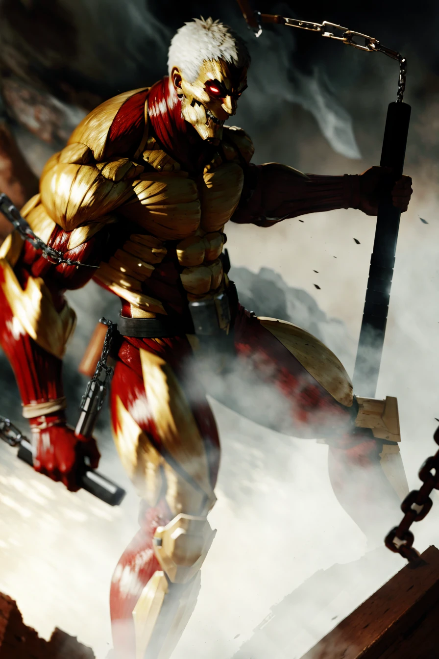 <lora:Nunchucks-10:1>, NUNCHUCKS, HOLDING WEAPON, CHAINS, <lora:AttackTitan-10:0.9>,armored titan