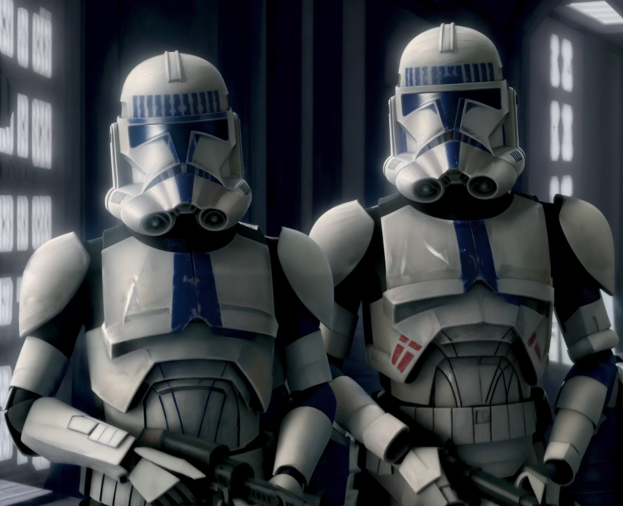 (multiple clone troopers,  shiny, 
(guarding:1.4),
detailed armor and helmet, holding guns, aming, inside a star ship, star wars, interacting with each other,:1.3)
(full shot:1.3), (long shot:1.2), (wide shot:1.3), (photo essay:1.4), X1.5, (Extreme Wide Shot:1.4),
((best quality)), ((masterpiece)), (detailed), stunning gradient colors, no watermark signature, detailed background, insanely detailed, , ((masterpiece)), absurdres, HDR, ,,  <lora:clonesV1:1>