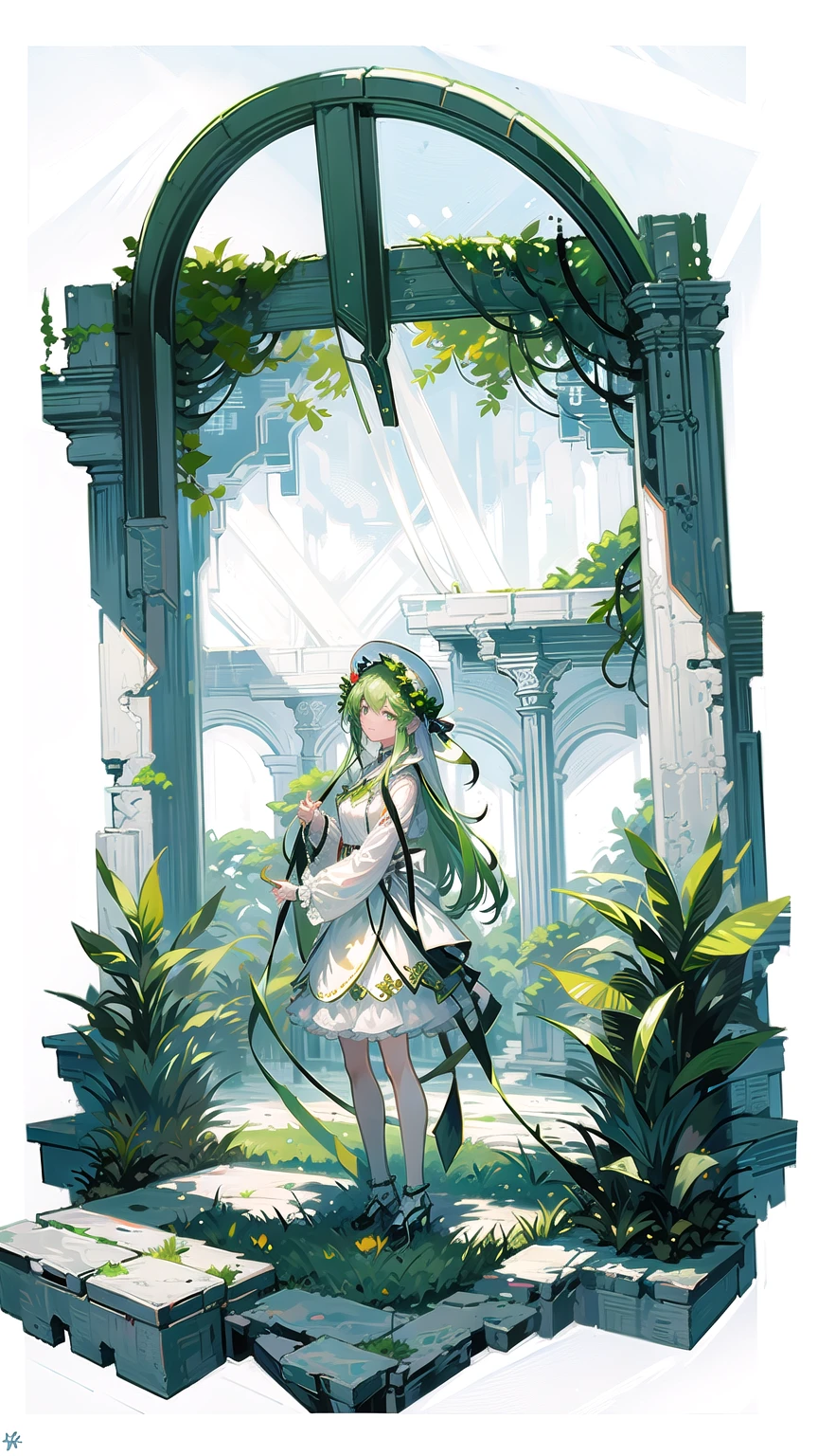 masterpiece,best quality, (white background:1.5) 1girl, far shot, full body, green circle, fairy, fantasy, magic, green leafs, dome,<lora:GachaGachaV1:0.6>, standing, clear face,