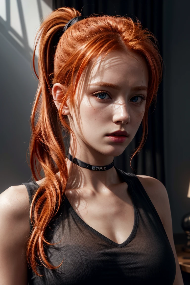 <lora:detailer:1> ,(8k, RAW photo, highest quality),(epic realistic:1.5), a girl, dynamic posture,erotic face,(see-through:0.4) black shirt,choker,(detailed eyes:0.8),(looking at the camera:1.4), (highest quality), (best shadow),intricate details,cinematic,((skin:1.4)),interior, (long ponytail ginger hair:1.3),dark studio,(hdr:1.5),detailed, muted colors, (freckles:0.6)