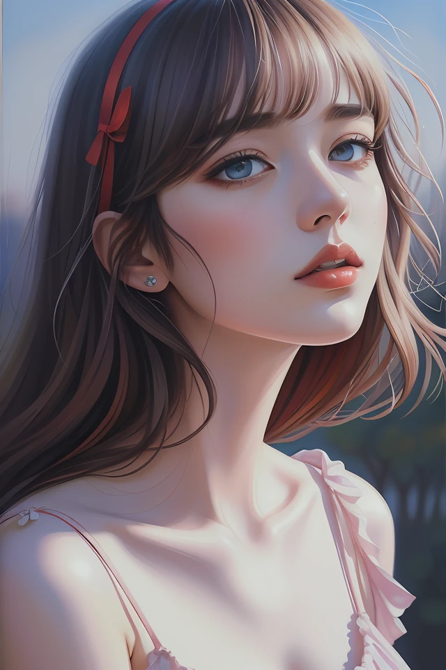 (8k, best quality, masterpiece:1.2),(best quality:1.0), (ultra highres:1.0), watercolor, a beautiful woman, shoulder, hair ribbons, by agnes cecile, half body portrait, extremely luminous bright design, pastel colors, (ink:1.3), autumn lights, moody gray colors , gritty, messy stylestyle of Alexey Savrasov, Ivan Shishkin, Ilya Repin, (cel shaded:1.2), 2d, (oil painting:1.2) highly detailed