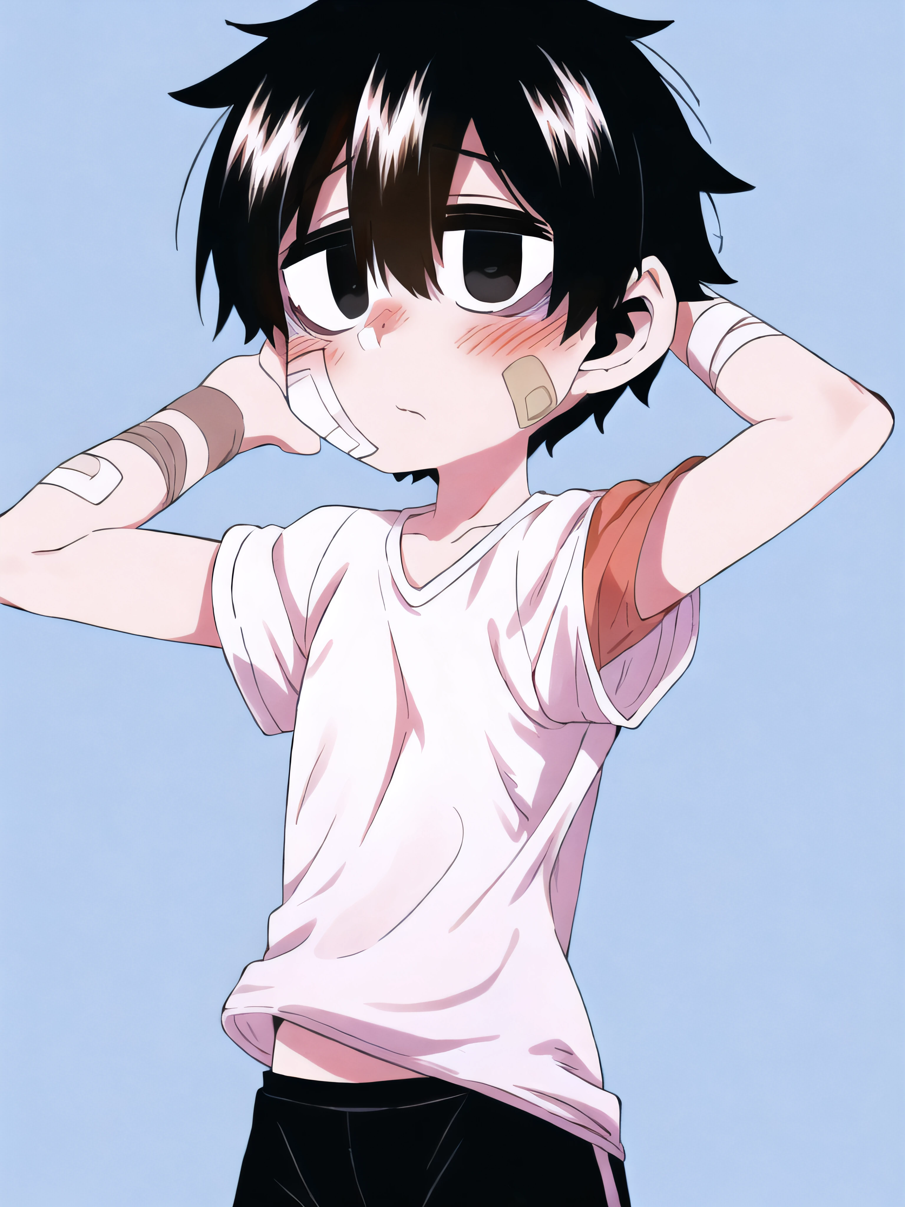 masterpiece, best quality, anatomically correct, 1boy, black eyes, black hair, hair between eyes, short hair, bandaid on face, white shirt, black shorts, upper body, solo, leehoon <lora:Hooni:1> <lora:HiluCartoon:1>
