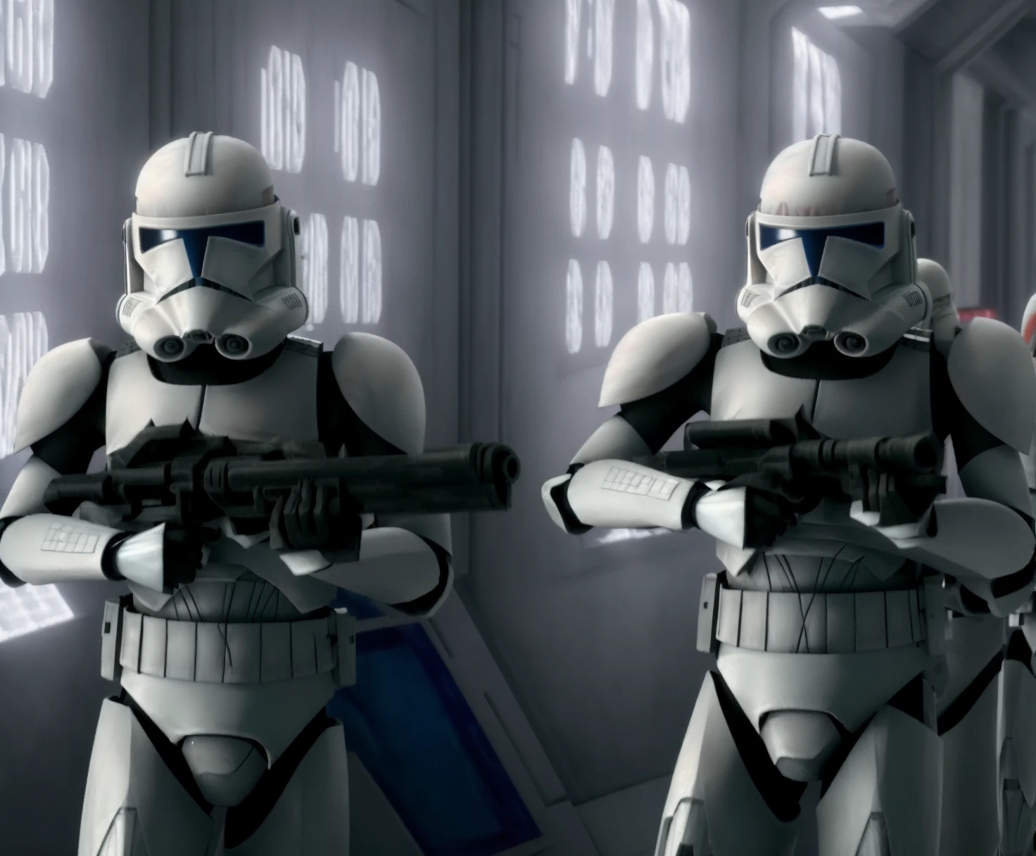 (multiple clone troopers on patrol, , detailed armor and helmet, holding guns, long blaster rifle, aming, inside a star ship, star wars, interacting with each other,:1.3)
(full shot:1.3), (long shot:1.2), (wide shot:1.3), (photo essay:1.4), X1.5, (Extreme Wide Shot:1.4),
((best quality)), ((masterpiece)), (detailed), stunning gradient colors, no watermark signature, detailed background, insanely detailed, , ((masterpiece)), absurdres, HDR, ,, <lora:clonesV1:1>