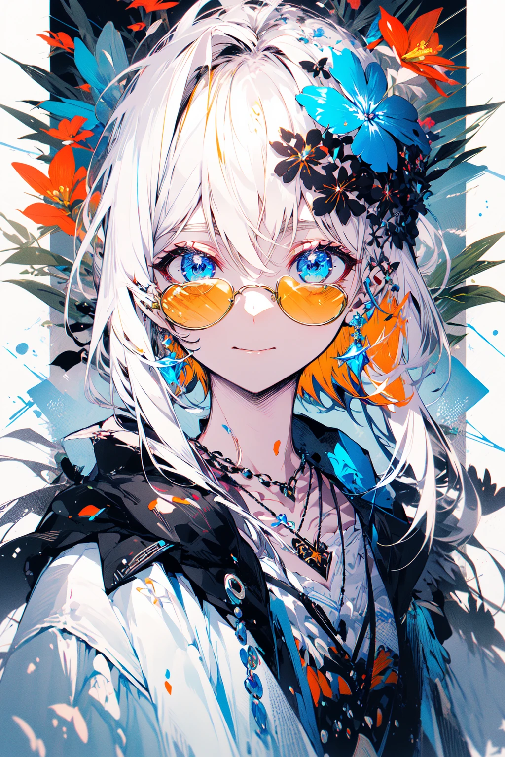 , (masterpiece:1.2), best quality,midjourney,
solo, tinted eyewear, jewelry, hair ornament, looking at viewer, black background, 1girl, short hair, blue eyes, earrings, simple background, flower, upper body, hair flower, orange-tinted eyewear, sunglasses, necklace, jacket, closed mouth, floral print, bangs, blonde hair, white hair, makeup, round eyewear, piercing
<lora:midjourney_20230624181825:0.9>