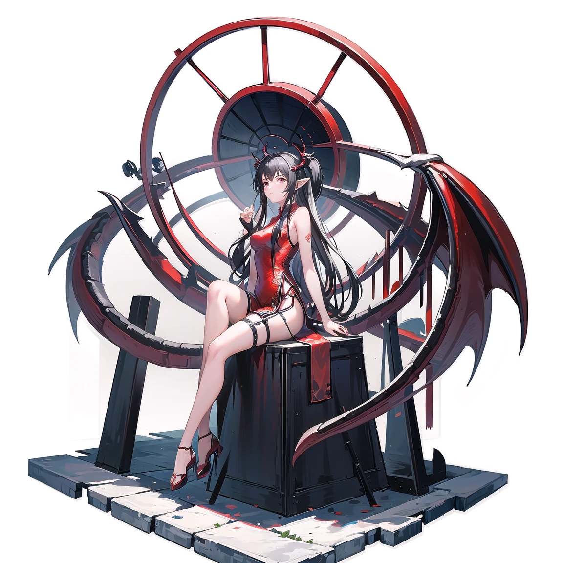masterpiece,best quality, (white background:1.5) 1girl, far shot, full body, red dress, official alternate costume, sleeveless, horns, black shorts, chinese clothes, dragon, china dress, dragon horns, eastern dragon, bare shoulders, bare arms, sidelocks, short shorts, thigh strap, thighs, <lora:GachaGachaV1:0.6>, sitting, clear face,