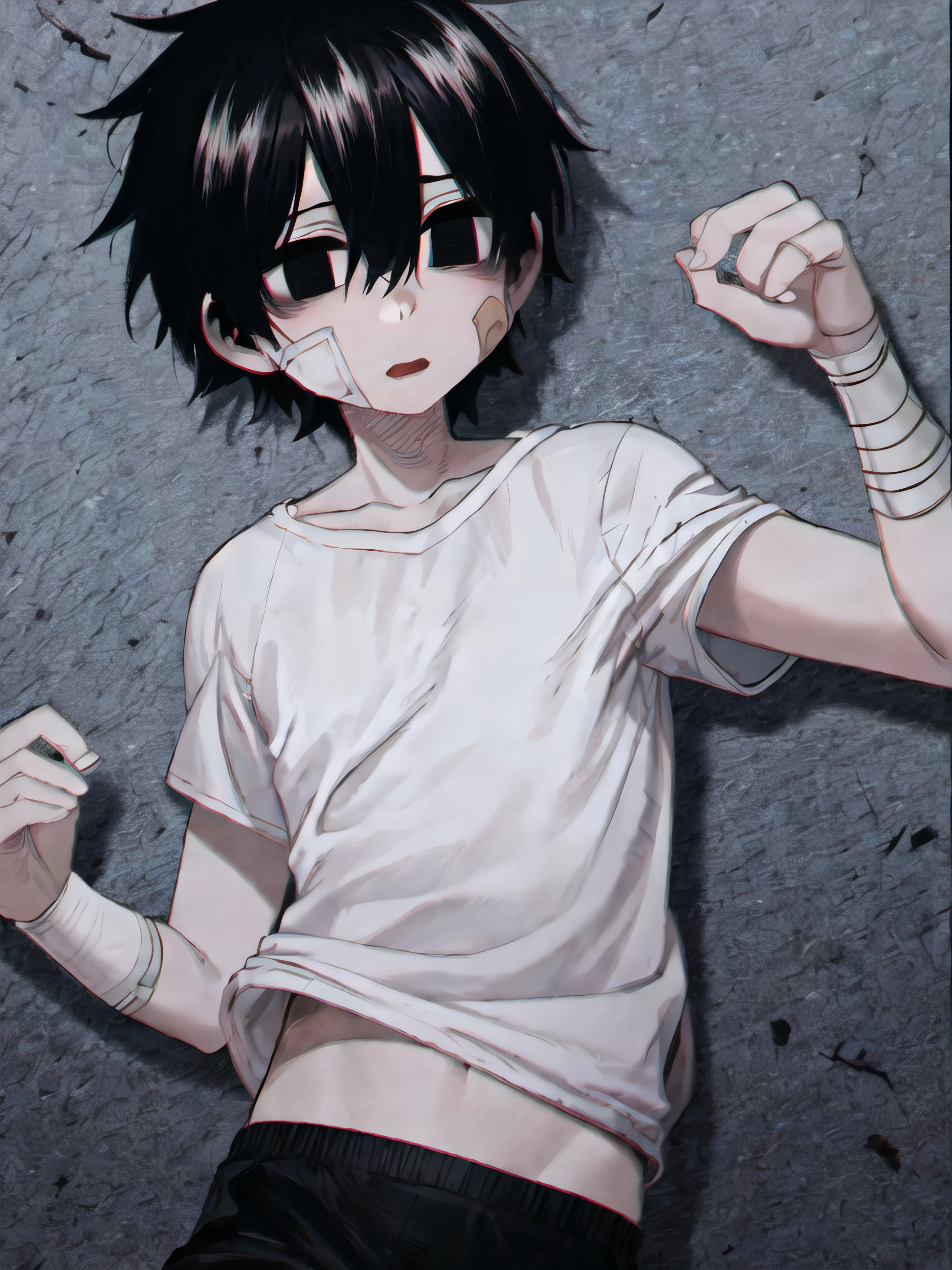 masterpiece, best quality, anatomically correct, 1boy, black eyes, black hair, hair between eyes, short hair, bandaid on face, white shirt, black shorts, solo, upper body, leehoon <lora:Hooni:1> <lora:HiluDark:1>