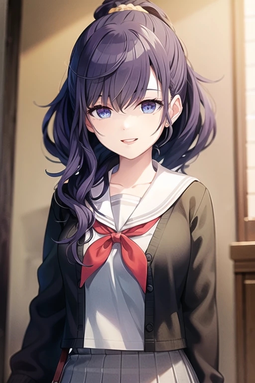 <lora:AsahinaMafuyu-10:0.7> , (masterpiece:2), (best quality:1.4), soft light,  amafuyu, 1girl, solo, long hair, looking at viewer, smile, blue eyes, skirt, shirt, hair ornament, long sleeves, hair between eyes, school uniform, purple eyes, collarbone, upper body, ponytail, purple hair, pleated skirt, parted lips, open clothes, serafuku, sailor collar, neckerchief, wavy hair, scrunchie, cardigan, high ponytail, grey shirt, red neckerchief, grey skirt, hair scrunchie, white sailor collar, open cardigan, black cardigan