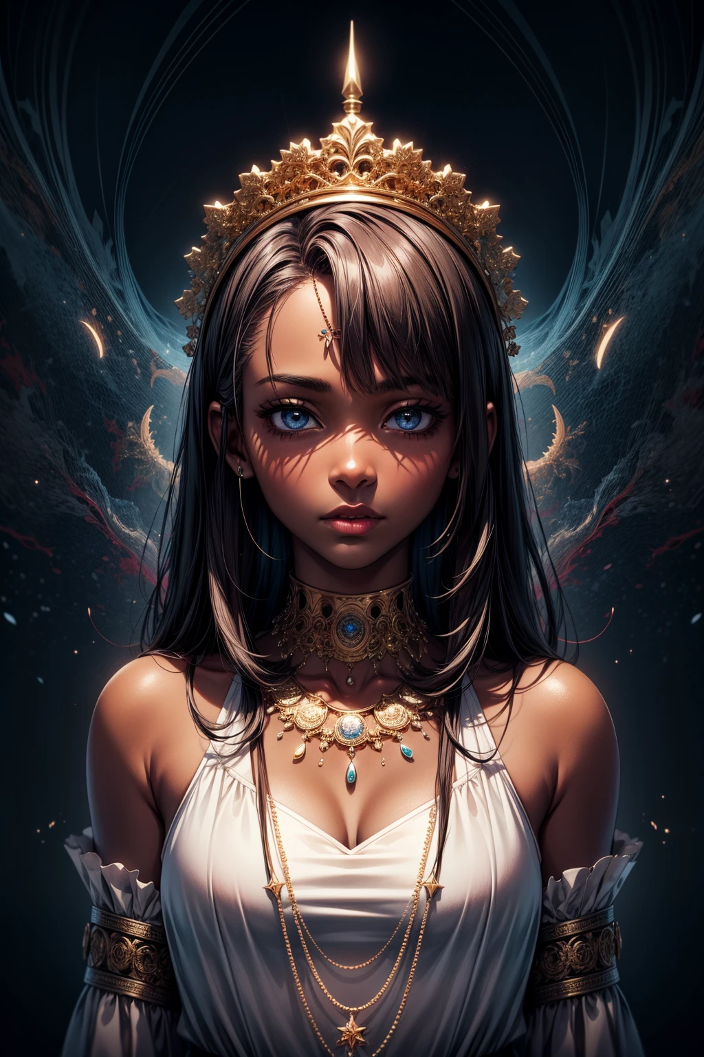masterpiece, best quality, ultra high res, 1 dark skinned African girl, (fractal art:1.3), deep shadow, dark theme, fully clothed, necklace, forlorn, <lora:add_detail:1>