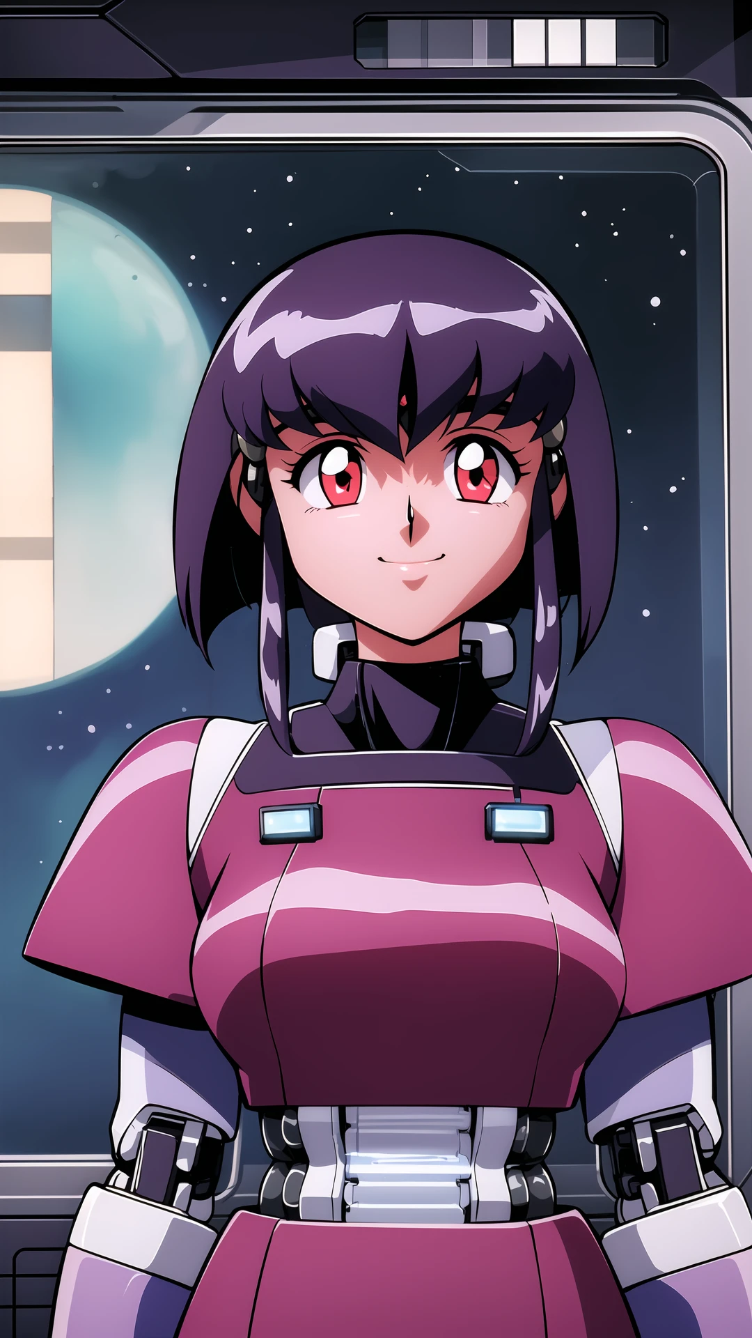 masterpiece, 1girl, ayeka, standing, facing viewer, battlesuit, cybernetic, futuristic, purple hair, smile, red eyes, highly detailed, space station, stars, space, nebula, metallic space base, shiny, windows, terminals, high tech, scifi, detailed face