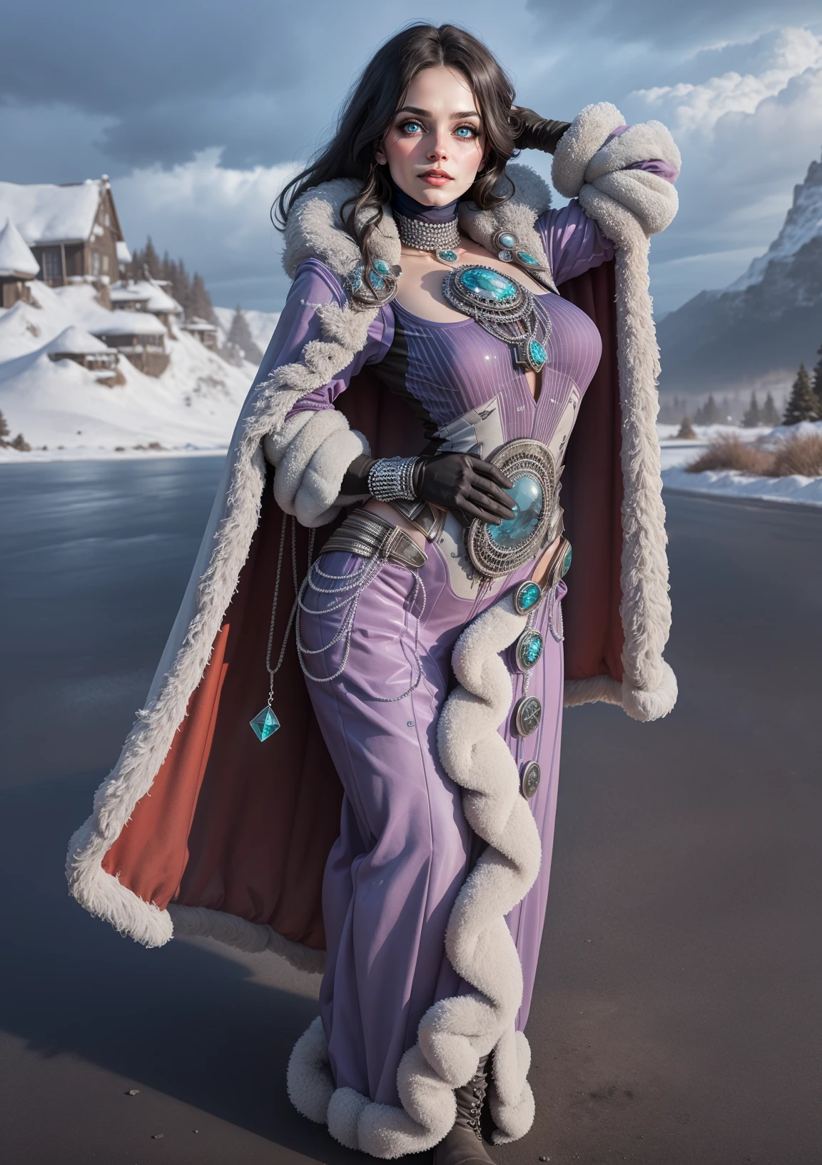 (highres, best quality:1.3),
TzarinaKatarin, (solo:1.1), mature female, hands on head, holding staff, action-packed, full body shot, winter, cloudy sky background, looking at viewer, flirting, blush,
black hair, long hair, makeup, blue eyes, glowing eyes, perfect eyes, perfect face, detailed face,
(fur-trimmed coat:1.1), fur trim, gem, jewelry, fur cape, gloves, boots,
breasts, 
<lora:TzarinaKatarin:0.9>