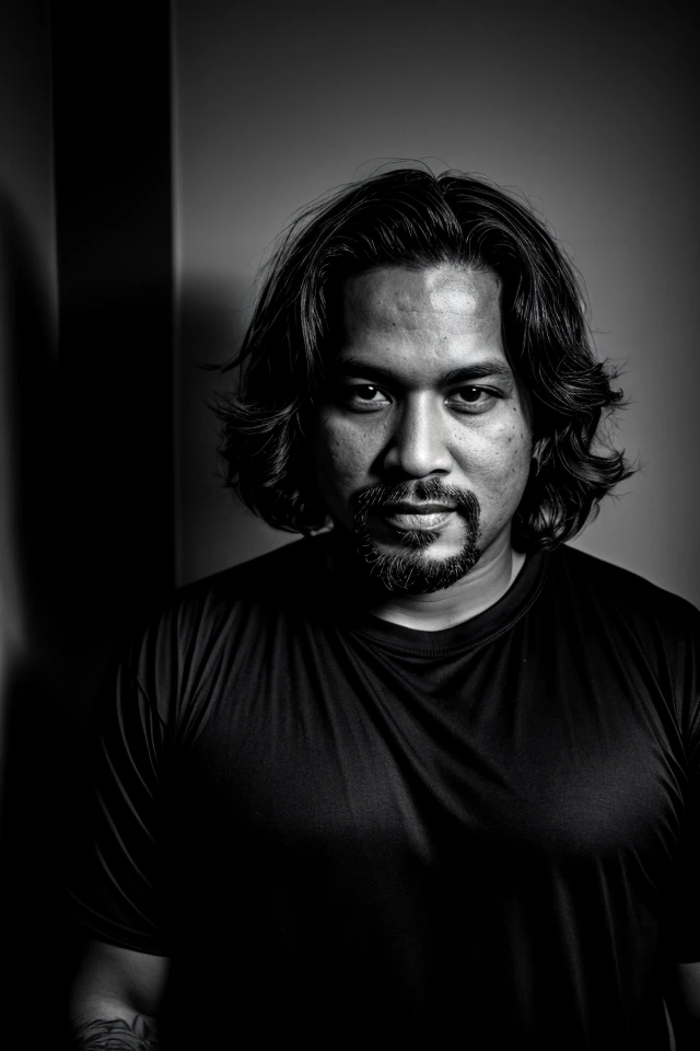 RAW photo, dark shot, b&w, a portrait photo of 36 y.o man Kash Romero in (black clothes:1.2), natural skin, interior, night, 8k uhd, high quality, film grain, Fujifilm XT3