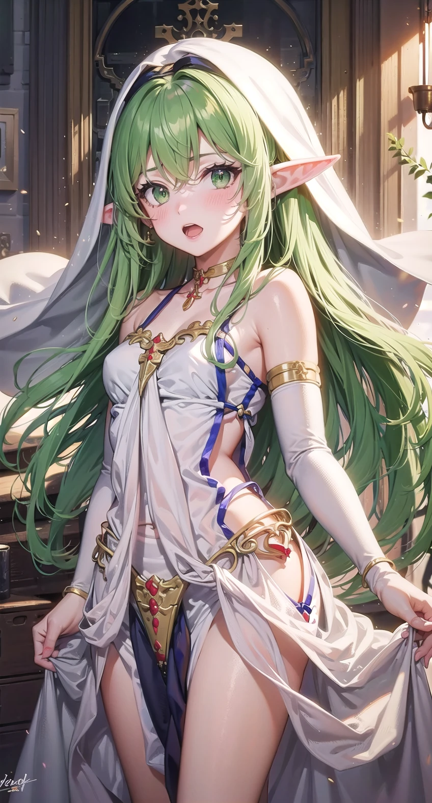 other hairstyle, outfit-bladenun, 1girl, pointy ears, solo, long hair, green eyes, blush, green hair, elf, open mouth, very long hair, no panties, habit, <lora:outfit-sword_maiden-pynoise:1>