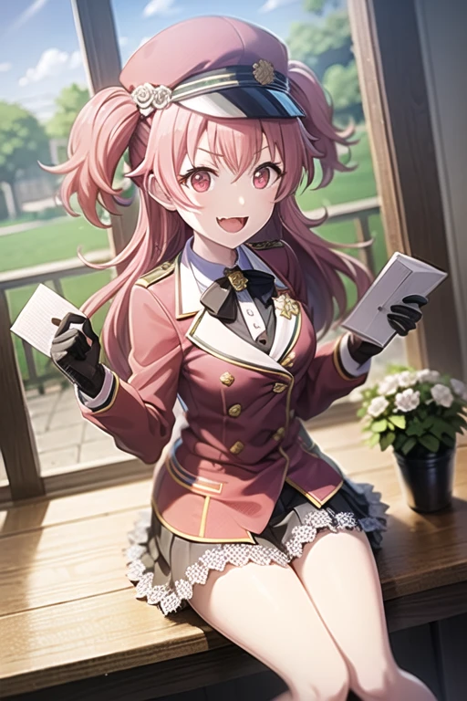 <lora:MomoiAiri-09:0.7> ,momoai, 1girl, solo, long hair, looking at viewer, smile, open mouth, skirt, red eyes, gloves, long sleeves, hat, holding, hair between eyes, jacket, pink hair, flower, :d, fang, pink eyes, two side up, window, rose, plant, white flower, red headwear, red jacket, potted plant, white rose, letter