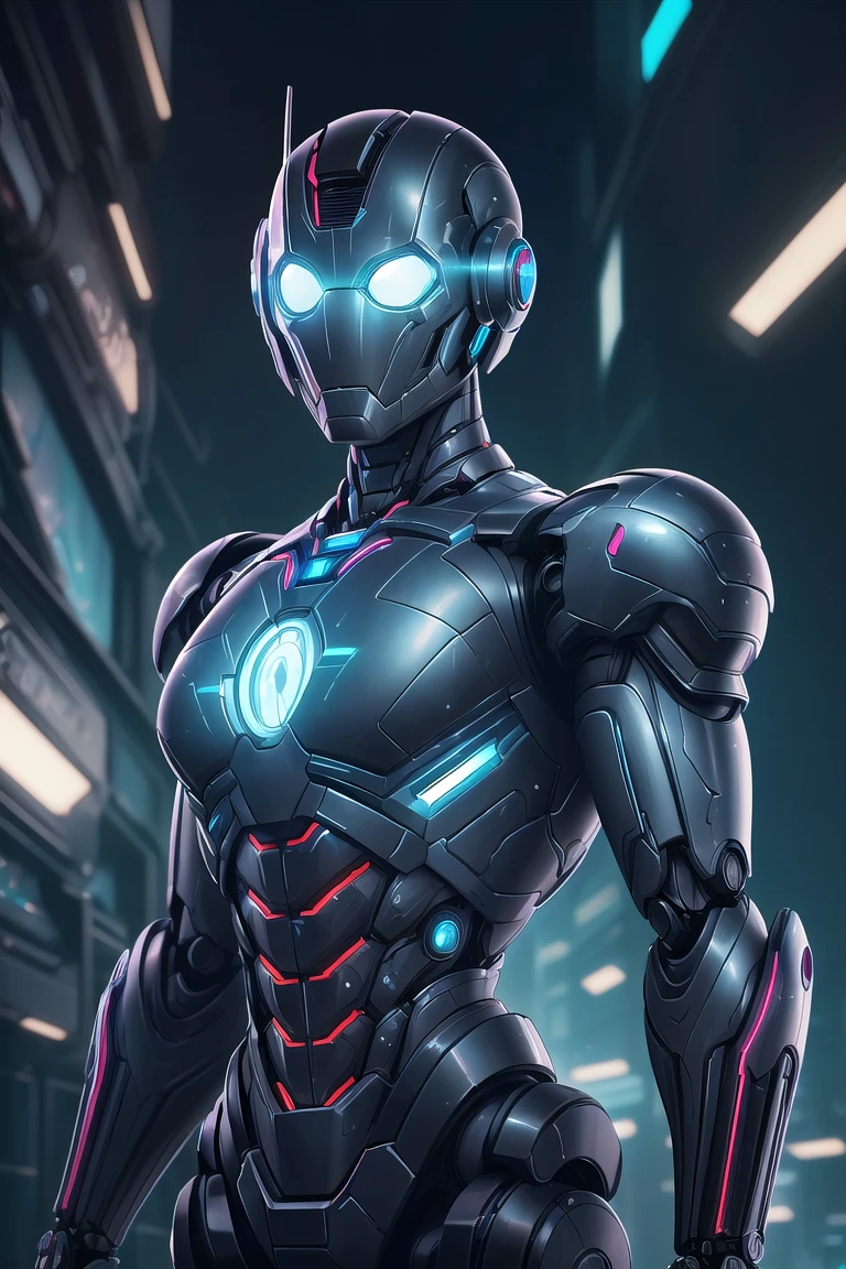 (Half body photo:1.1) (highly detailed:1.2),(best quality:1.2), Portrait, Ultron from Marvel, biomechanical, complex robot, full growth, hyperrealistic, (technology Background :1.2),insane small details, extremely clean lines, cyberpunk aesthetic, masterpiece featured on Zbrush Central, gothic brutalist cathedral, cyberpunk, award-winning photo, bokeh, (neon lights:0.8), (cybernetic limb:0.7), <lora:add_detail:0.3>, <lora:GlassTech:0.5>