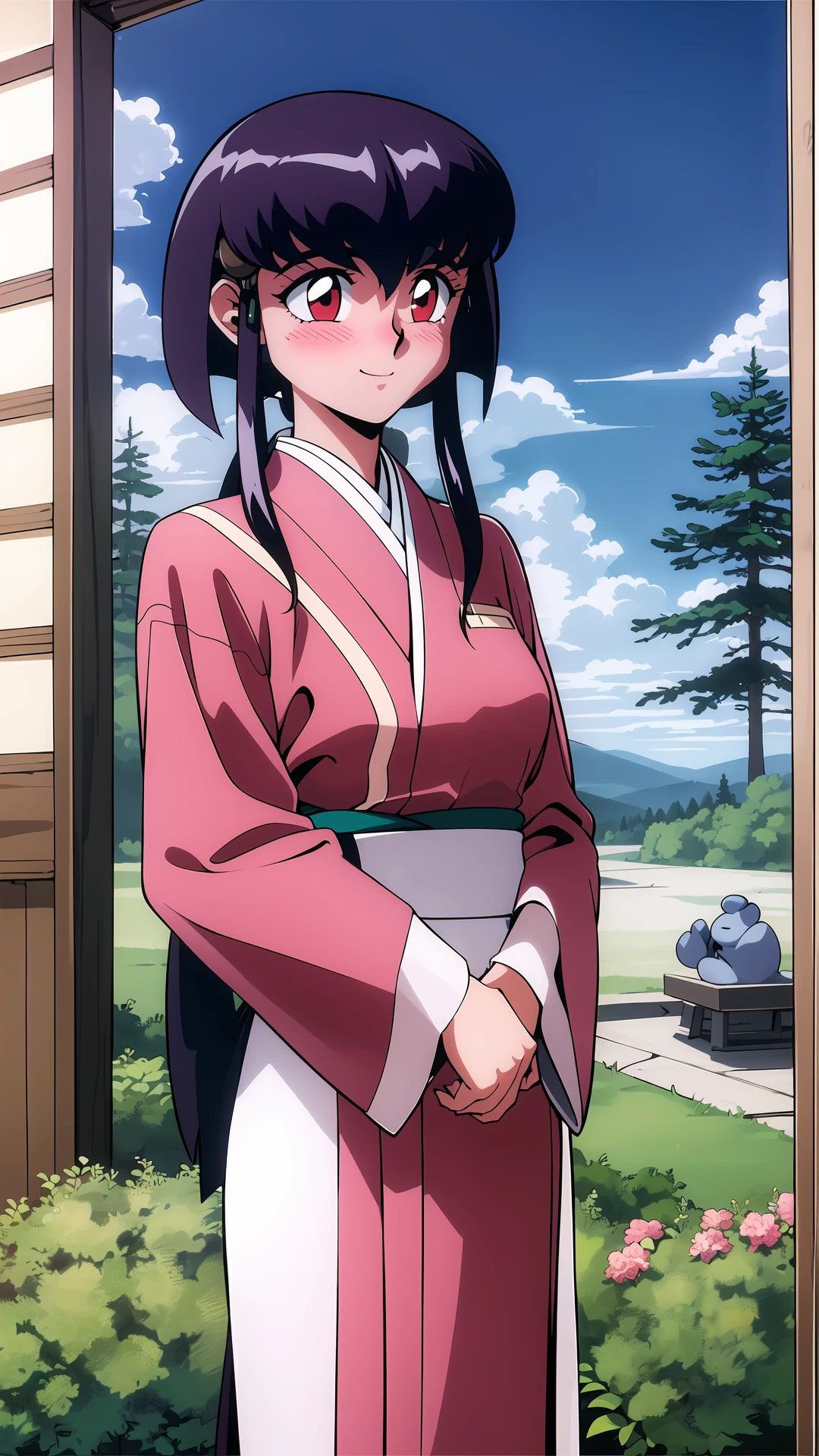 masterpiece, 1girl, ayeka, standing, red eyes, smile, blush, detailed face, beautiful, japanese clothes, obi, shrine, trees, sky, clouds