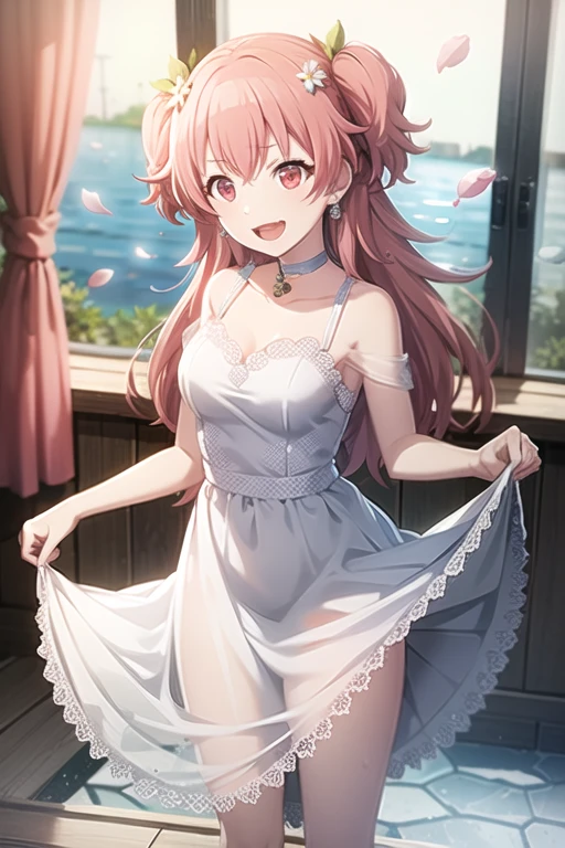 <lora:MomoiAiri-09:0.7> ,momoai, 1girl, solo, long hair, smile, open mouth, hair ornament, red eyes, dress, jewelry, standing, collarbone, pink hair, flower, :d, earrings, sky, sleeveless, choker, day, indoors, hair flower, pink eyes, water, white dress, two side up, petals, dutch angle, sleeveless dress, white flower, skirt hold, pillar